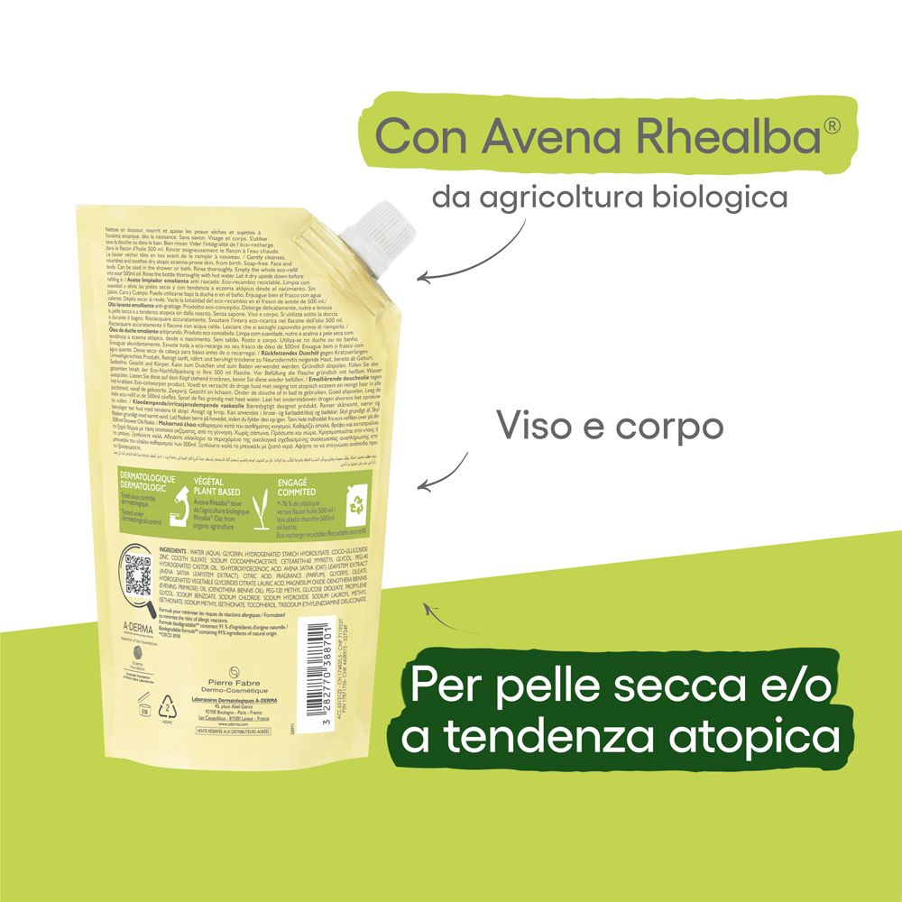 Retro della ricarica A-DERMA Exomega Control. Testo: Con Avena Rhealba, Da agricoltura biologica, Viso e corpo.