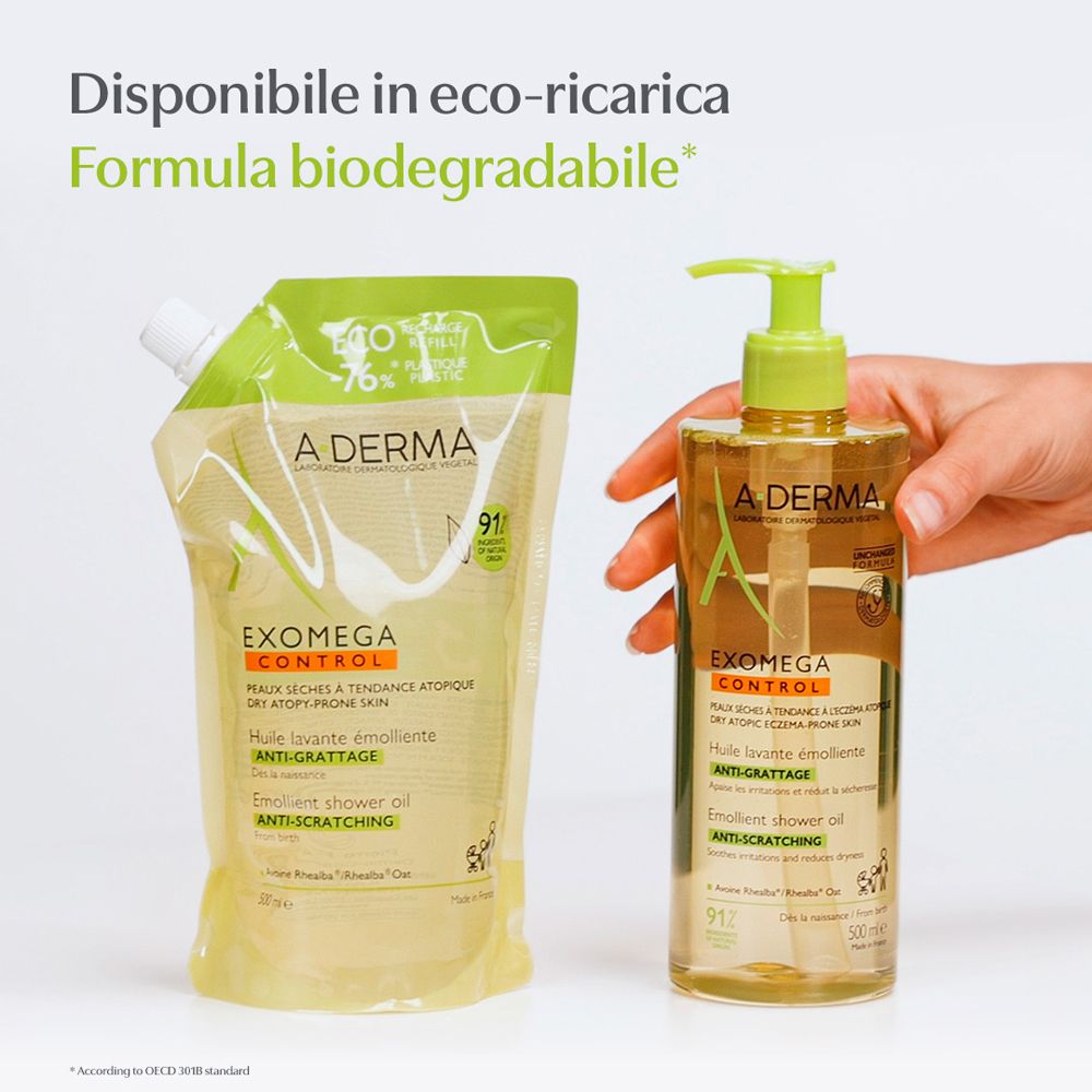 A-DERMA Exomega Control e ricarica. Testo: Disponibile in eco-ricarica, Formula biodegradabile.