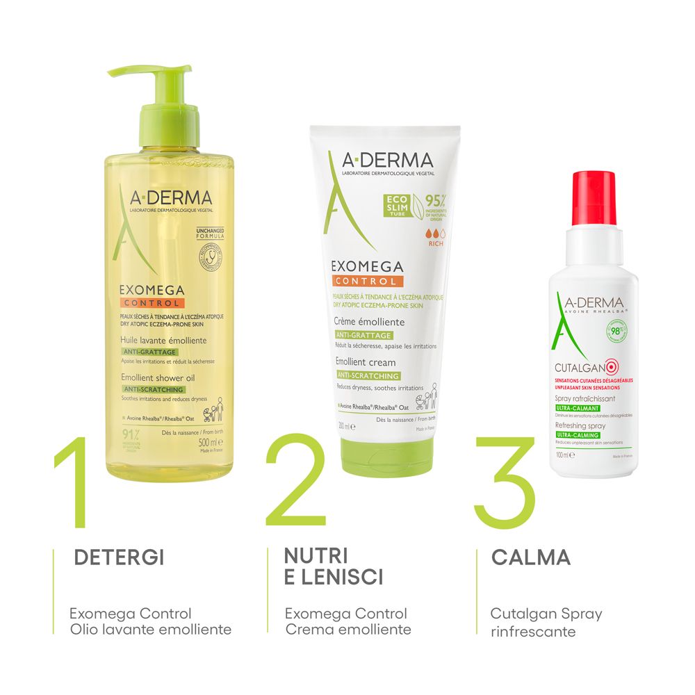 Tre prodotti A-DERMA: Olio lavante emolliente, Crema emolliente, Cutalgan Spray rinfrescante. Numerati.