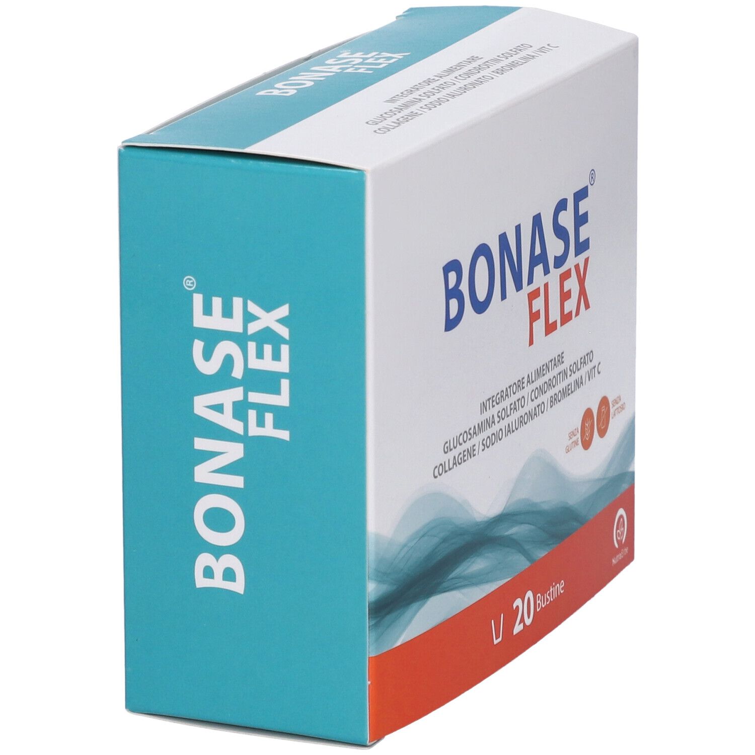 Vista laterale della confezione Bonase Flex, 20 bustine. Scritta 'Bonase Flex'.