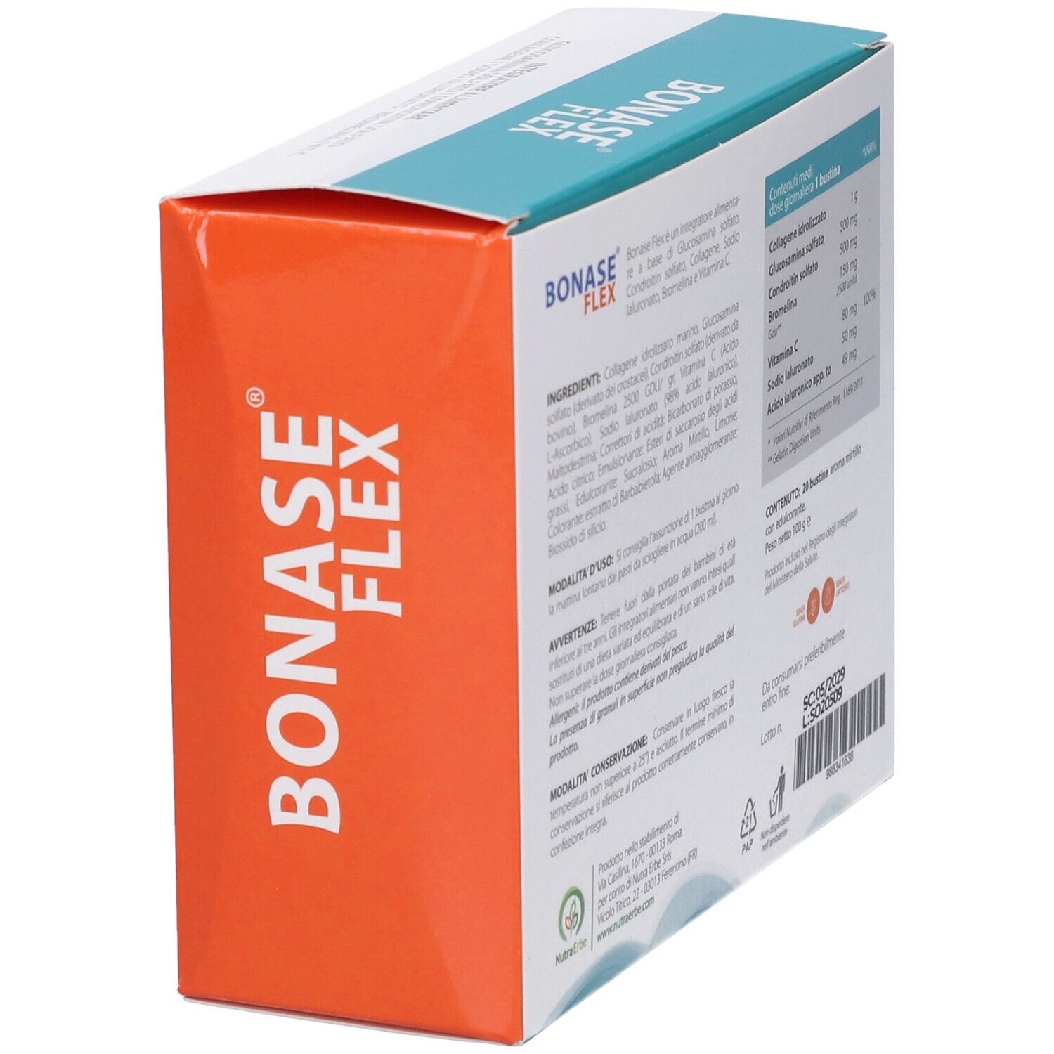 Vista laterale della confezione Bonase Flex. Mostra 'Bonase Flex' e informazioni sul prodotto.