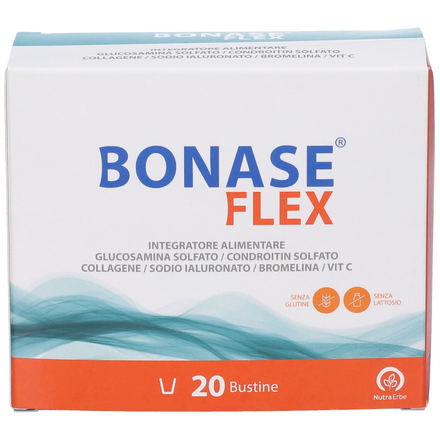 Fronte della confezione Bonase Flex, 20 bustine. Contiene Glucosamina, Collagene e Vitamina C.