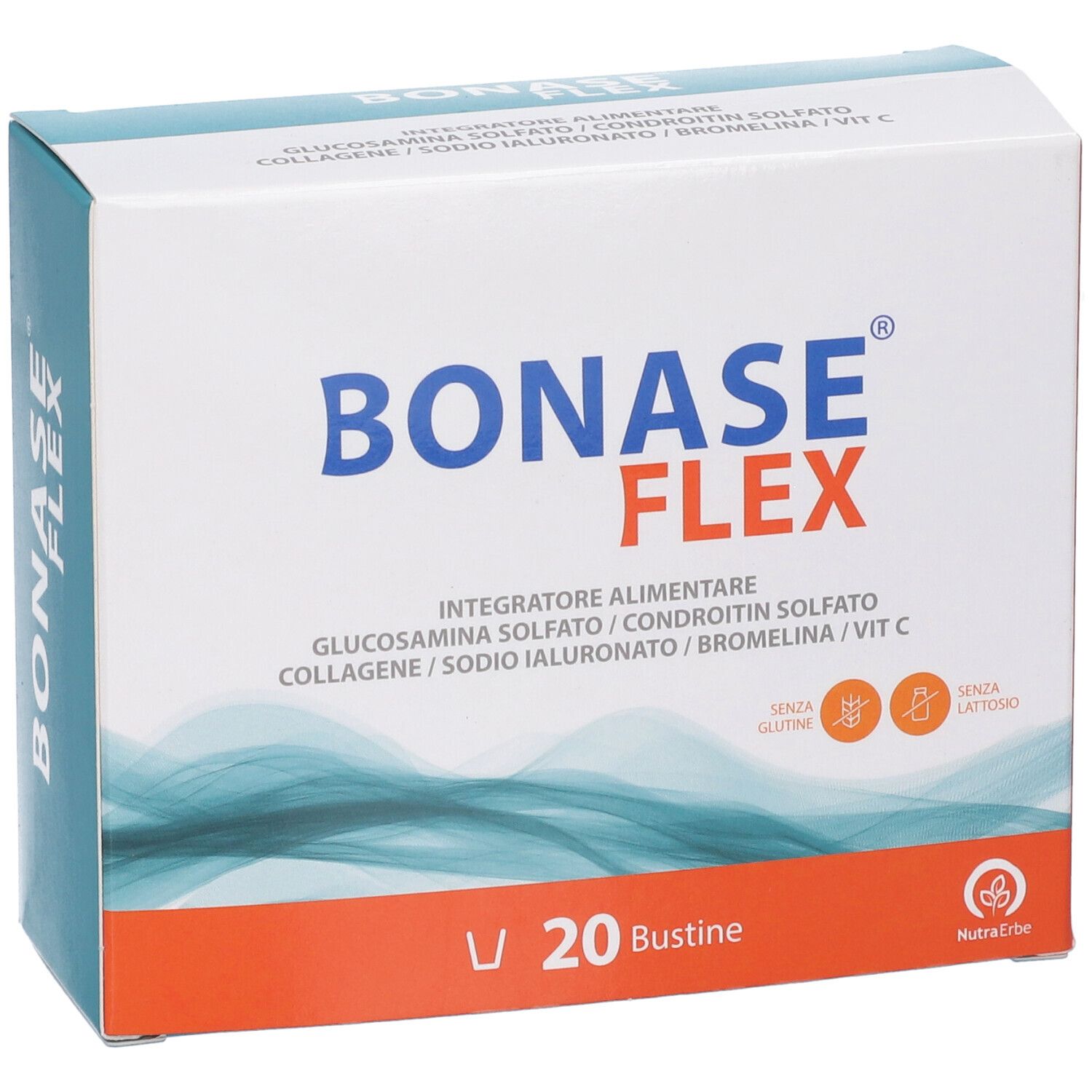 Confezione di Bonase Flex, 20 bustine. Contiene Glucosamina, Collagene, Vitamina C. Senza glutine e lattosio.