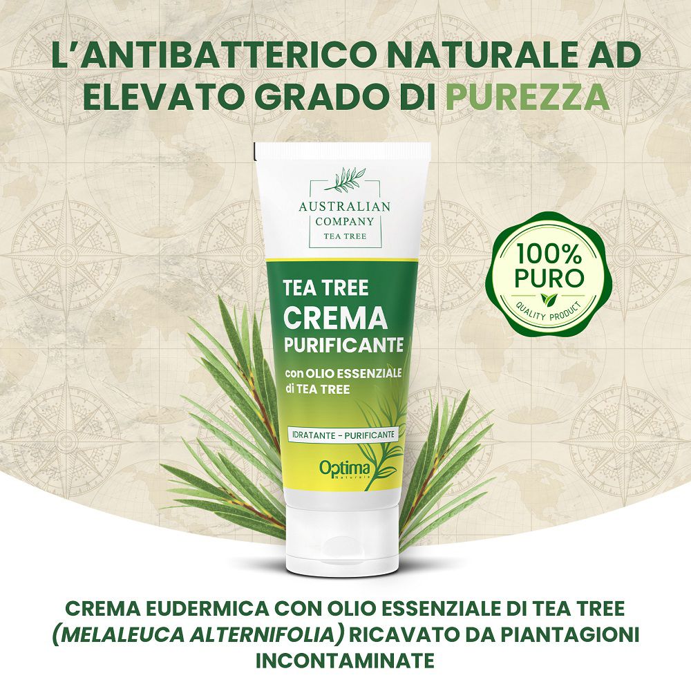 Tubo di crema all'olio di tea tree, sigillo "100% Puro", circondato da elementi di foglie di tè.