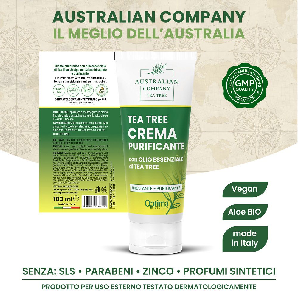 Tubo di crema all'olio di tea tree, sigilli "Vegan", "Aloe BIO", "made in Italy", qualità GMP.