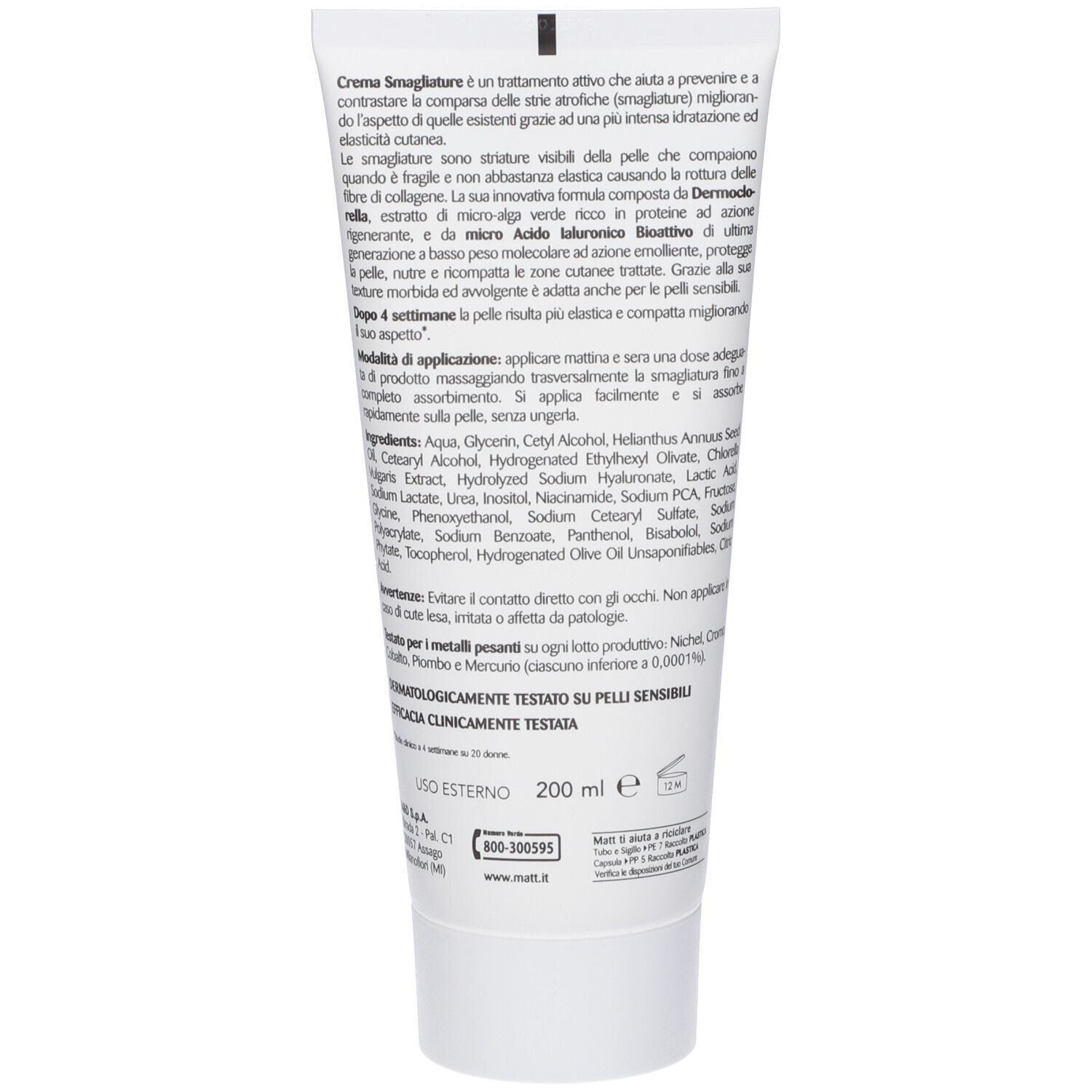 Retro del tubo Matt Crema Smagliature con ingredienti e istruzioni per l'uso.