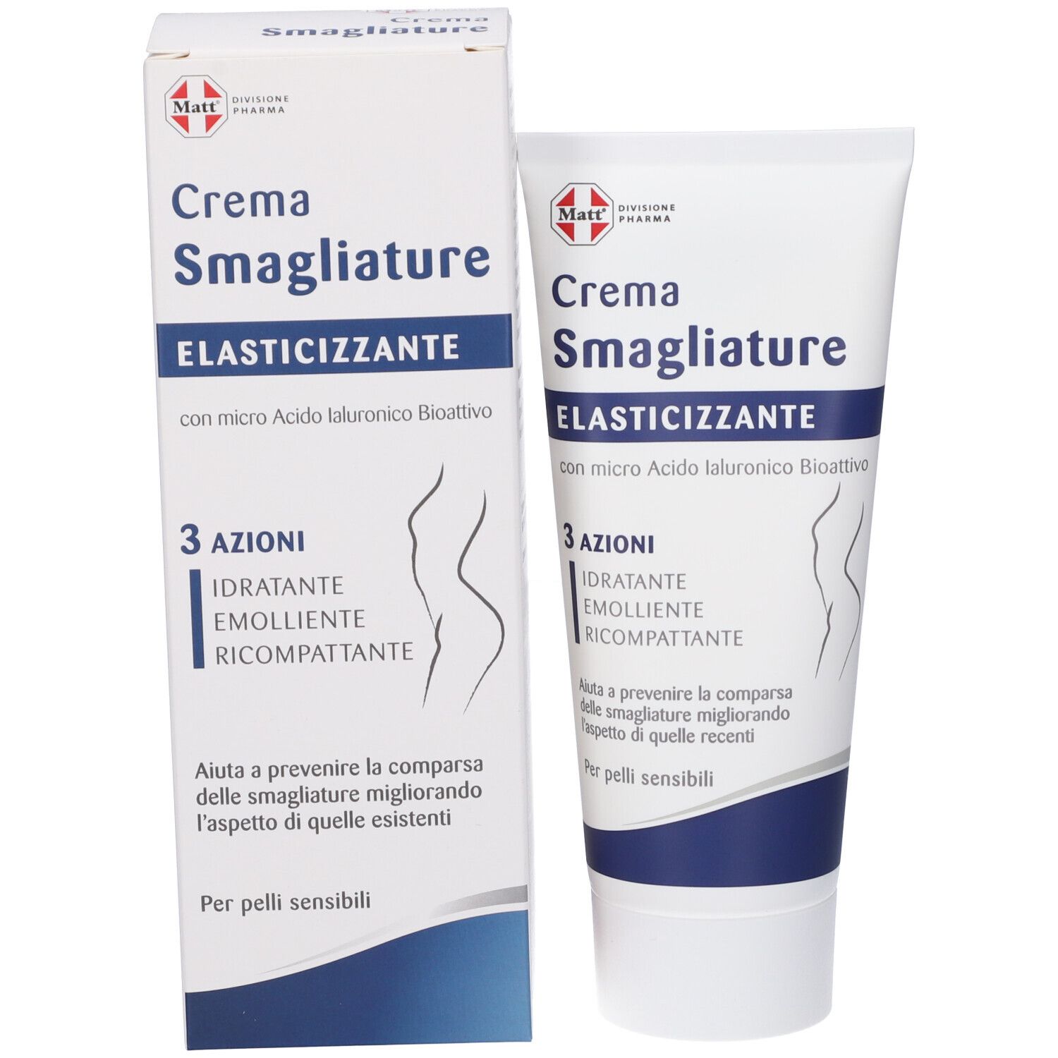 Tubo e scatola Matt Crema Smagliature, entrambi con scritte blu.
