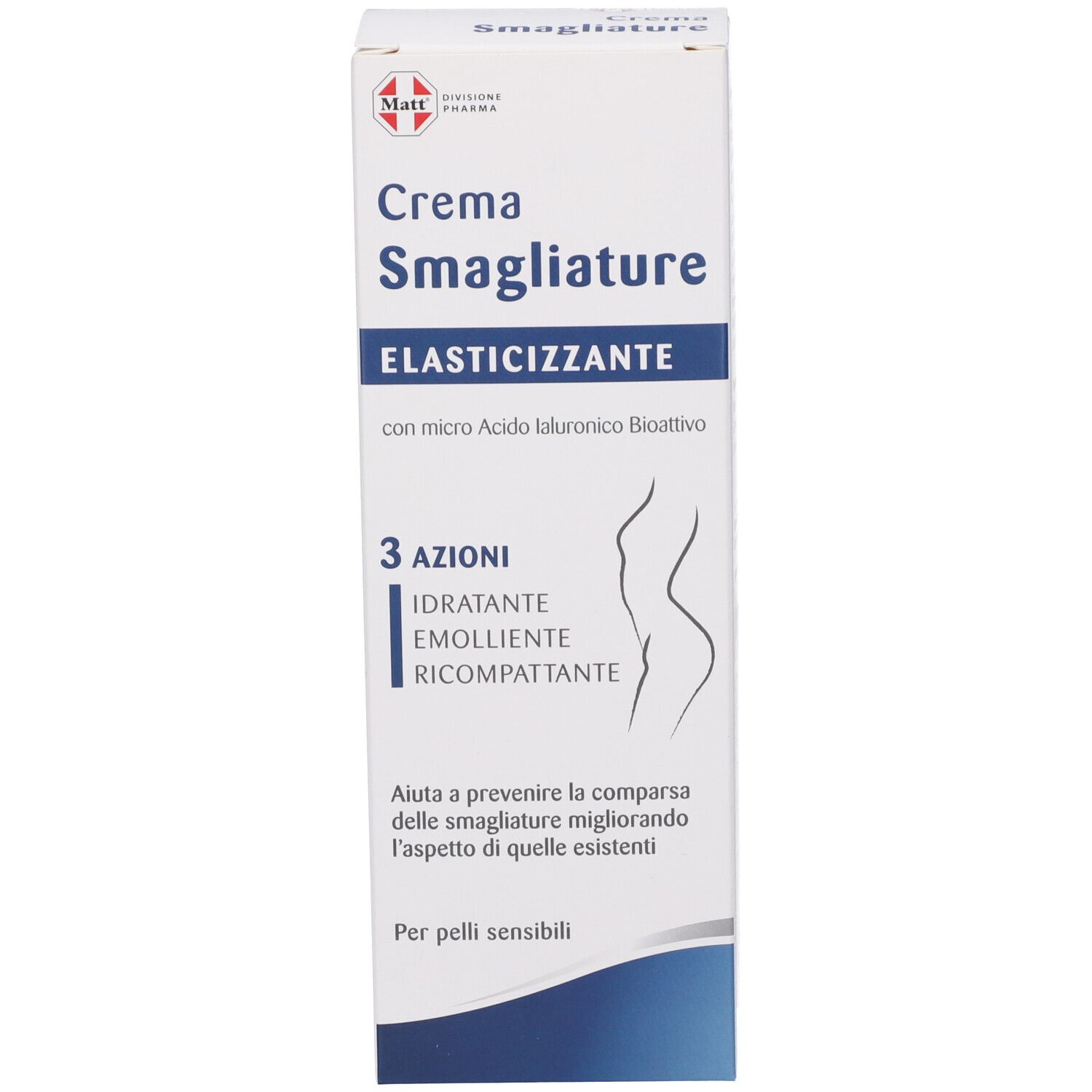 Scatola Matt Crema Smagliature con scritte blu e silhouette di donna.