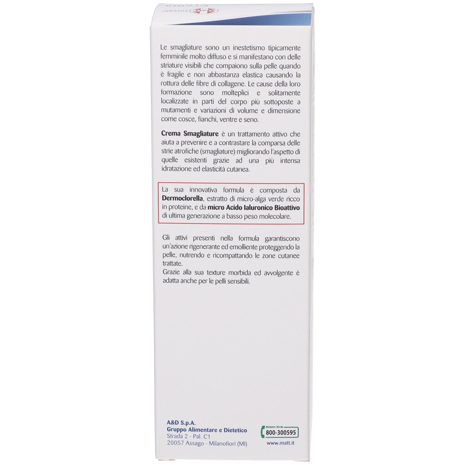 Scatola Matt Crema Smagliature con informazioni sulla formula e gli ingredienti.