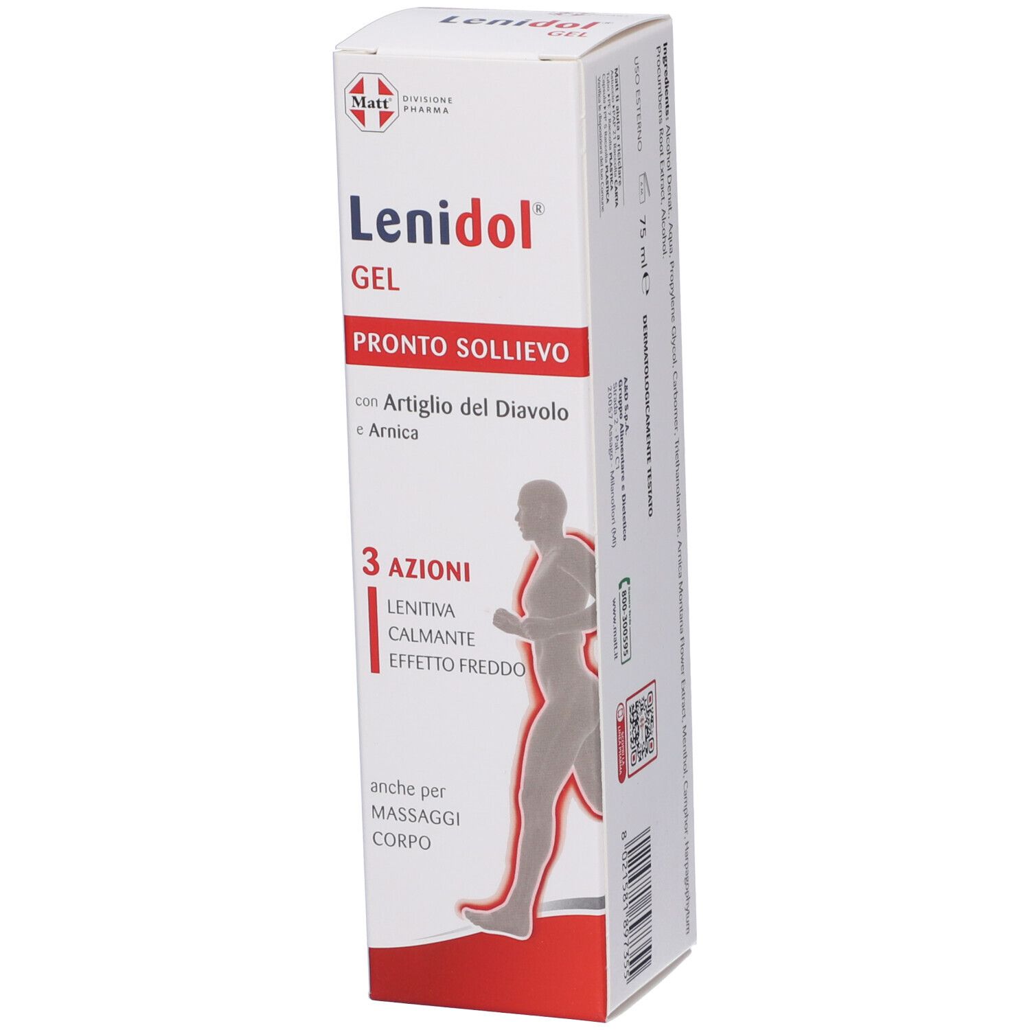 Confezione Matt Lenidol Gel, fronte con motivo runner e informazioni prodotto.