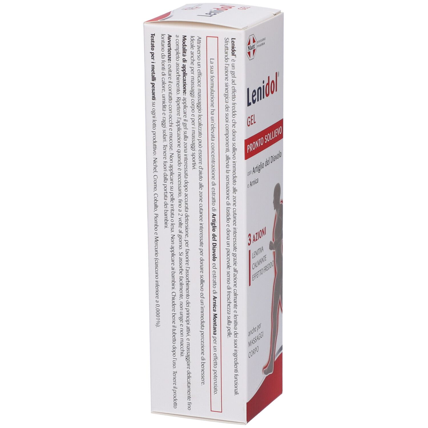 Confezione Matt Lenidol Gel, retro con dettagliate istruzioni d'uso.