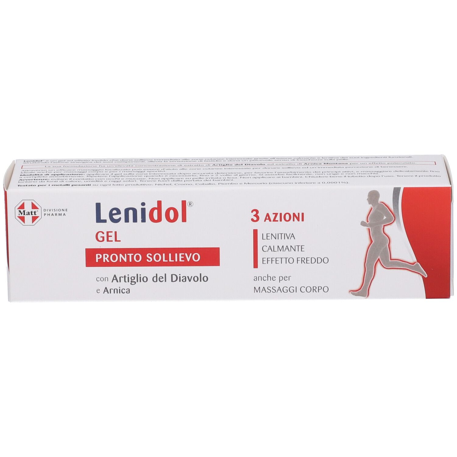 Confezione Matt Lenidol Gel con motivo runner e testo "3 Azioni".