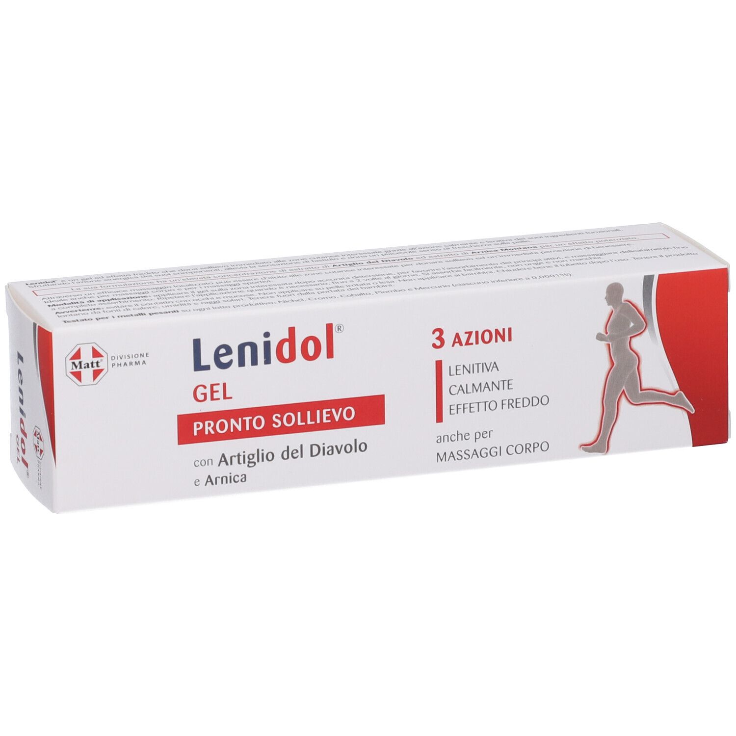 Confezione Matt Lenidol Gel con motivo runner e testo "3 Azioni".