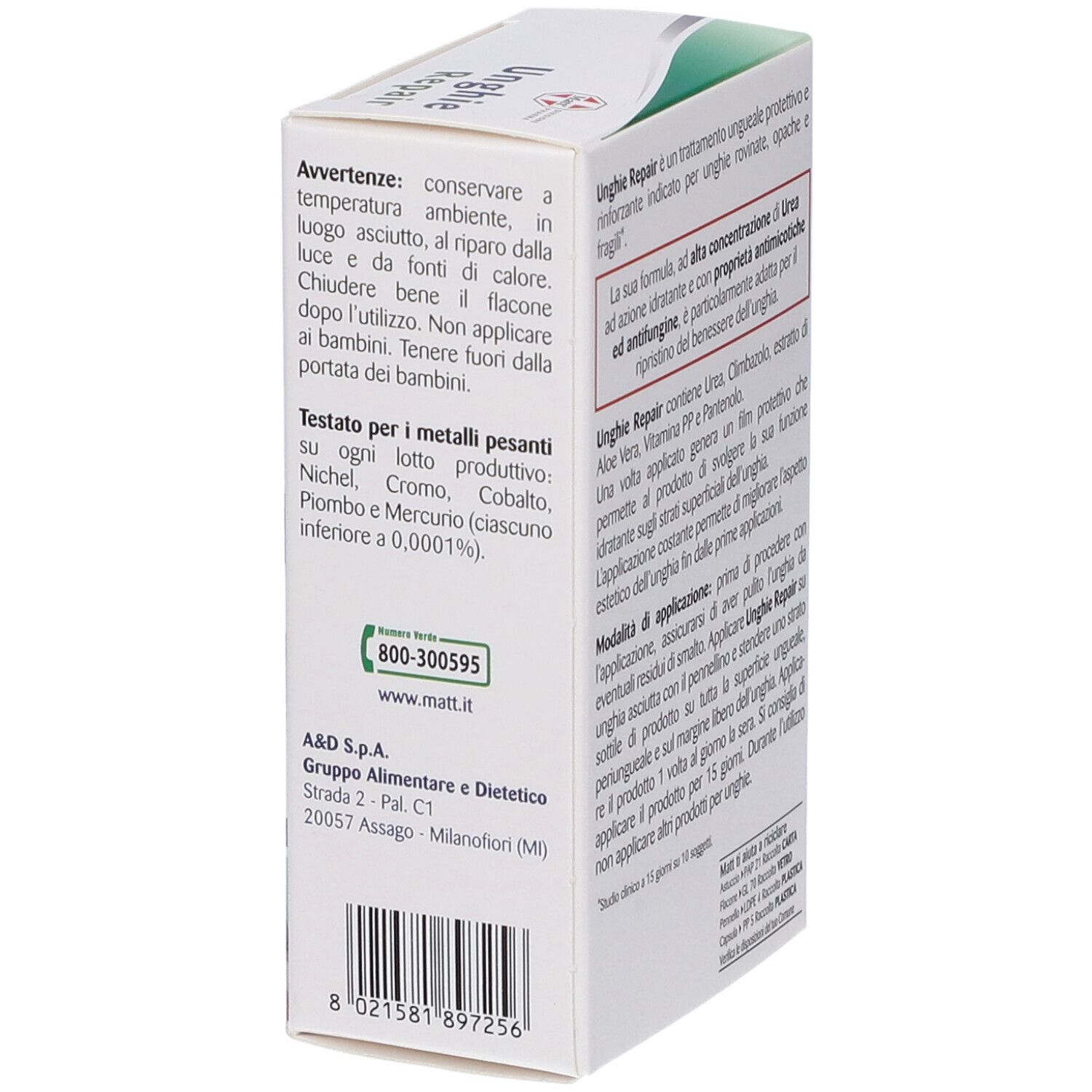 Confezione per un prodotto per la cura delle unghie con avvertenze e ingredienti.