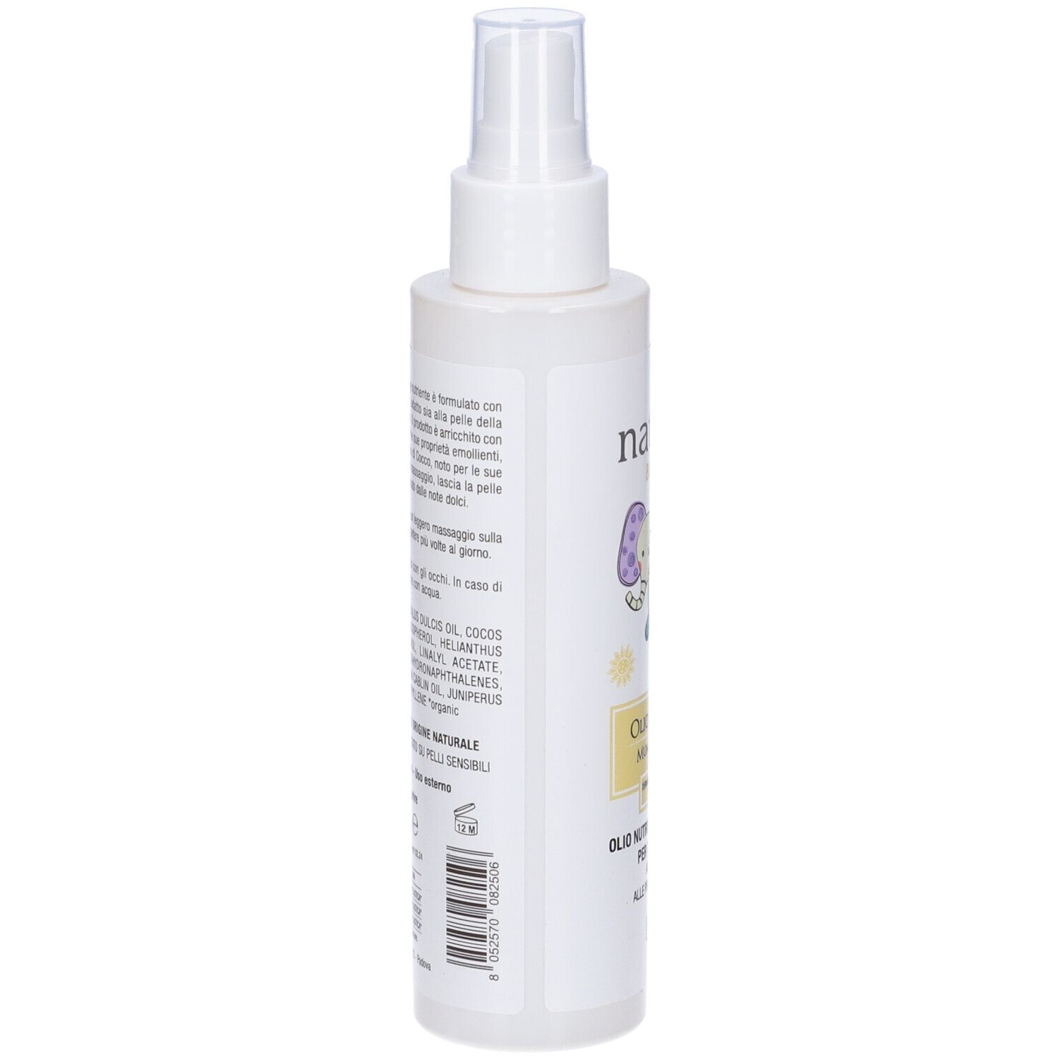 Flacone bianco con vaporizzatore. Retro con testo e ingredienti. Nome del prodotto non visibile.