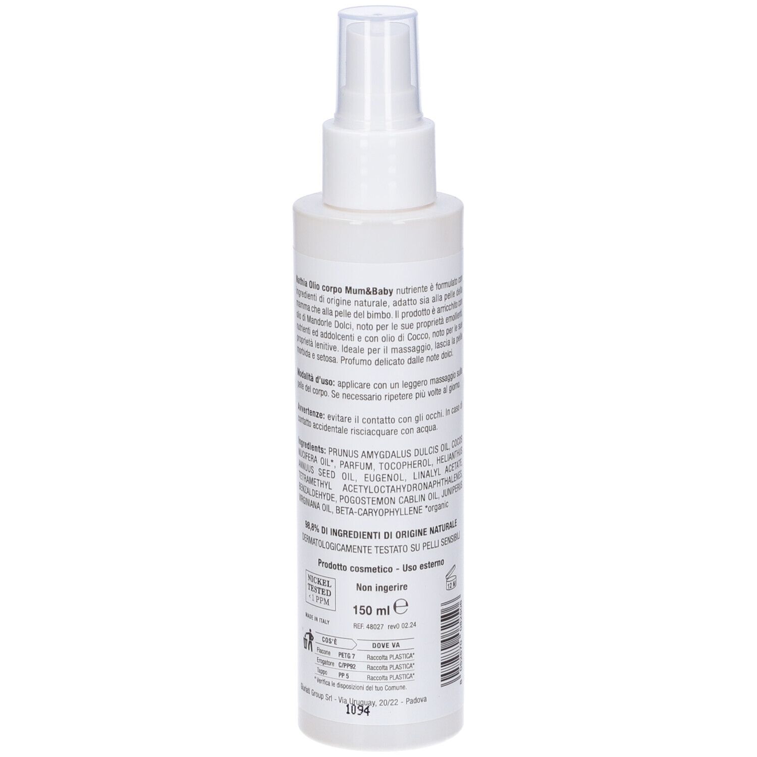 Flacone bianco con vaporizzatore. Retro con testo, ingredienti e indicazione del volume: 150 ml.