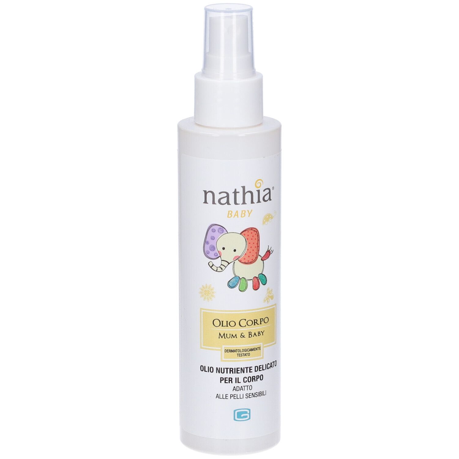 Flacone bianco con vaporizzatore. Scritta: Nathia Baby, Olio Corpo, Mum & Baby. Illustrazione di un elefante.