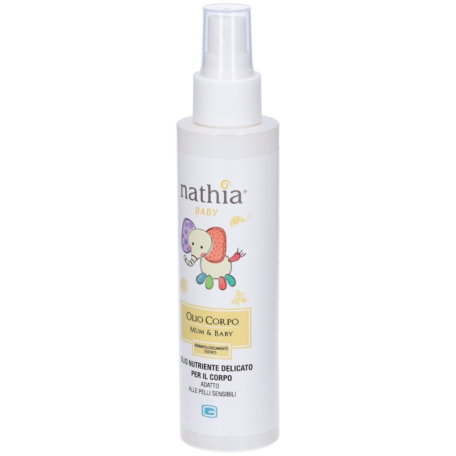 Flacone bianco con vaporizzatore. Scritta: Nathia Baby, Olio Corpo, Mum & Baby. Illustrazione di un elefante.