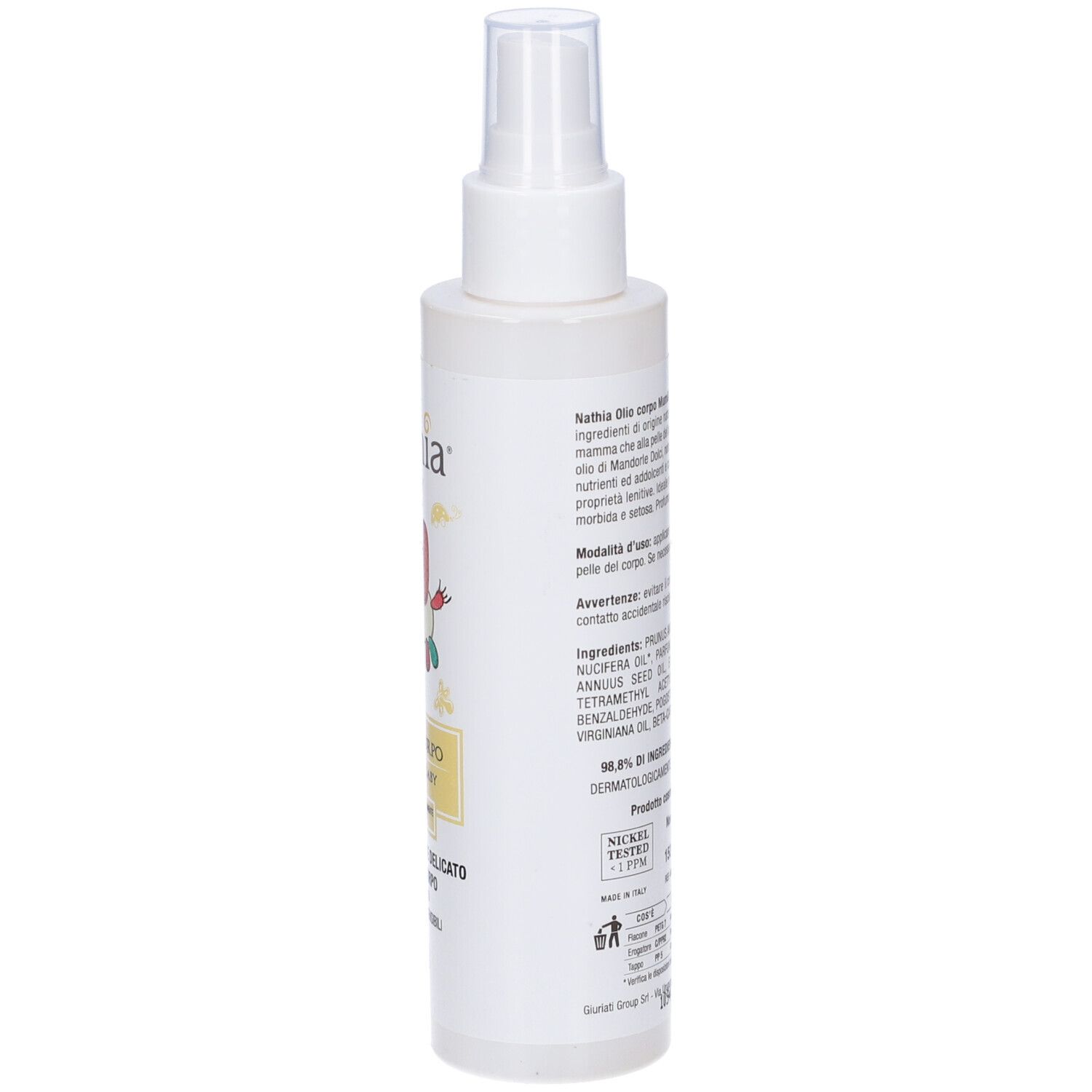 Flacone bianco con vaporizzatore. Retro con testo e ingredienti. Nome del prodotto parzialmente visibile.