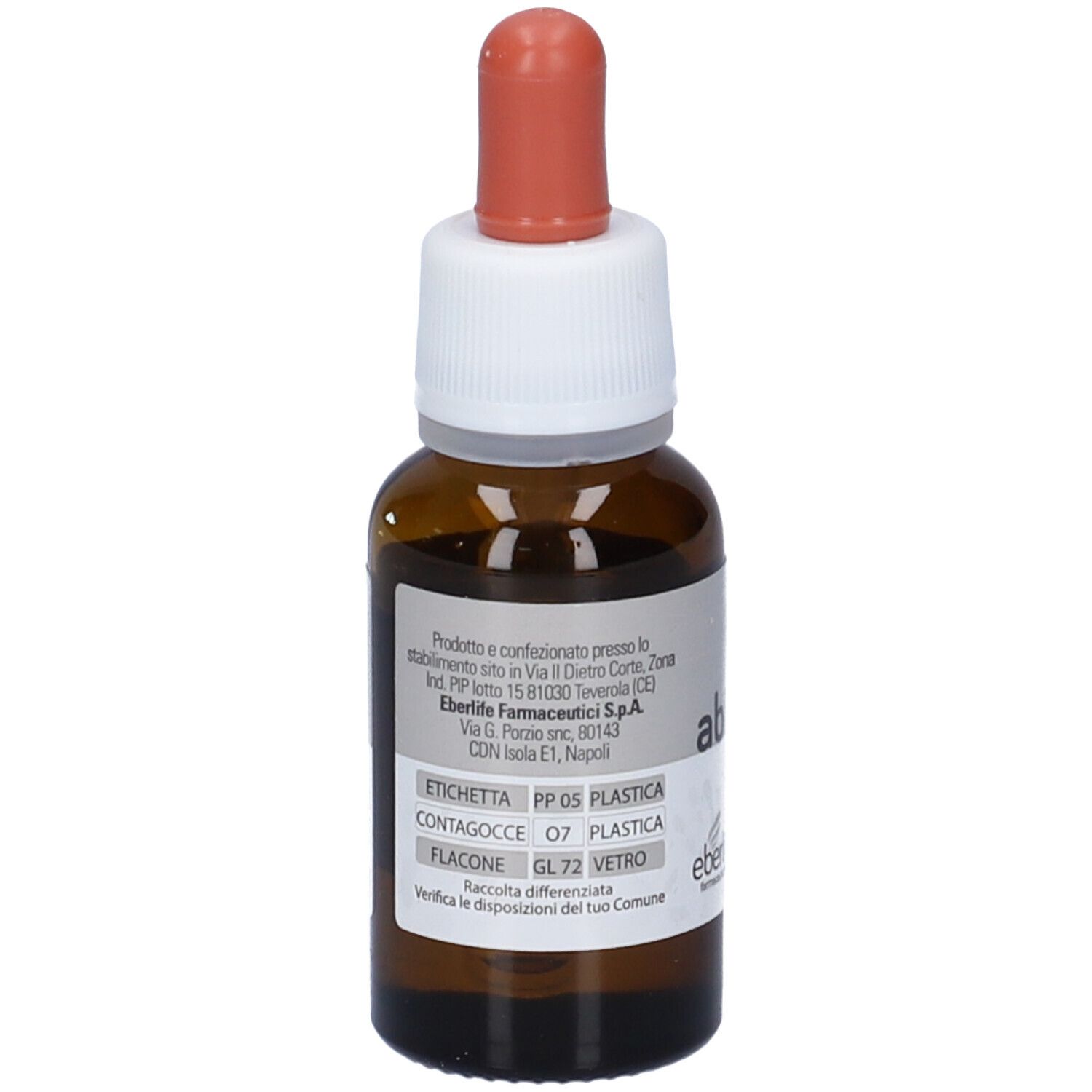 Flacone di vetro marrone con contagocce. Scritta: abibi D3, Eberlife. Etichetta con informazioni.