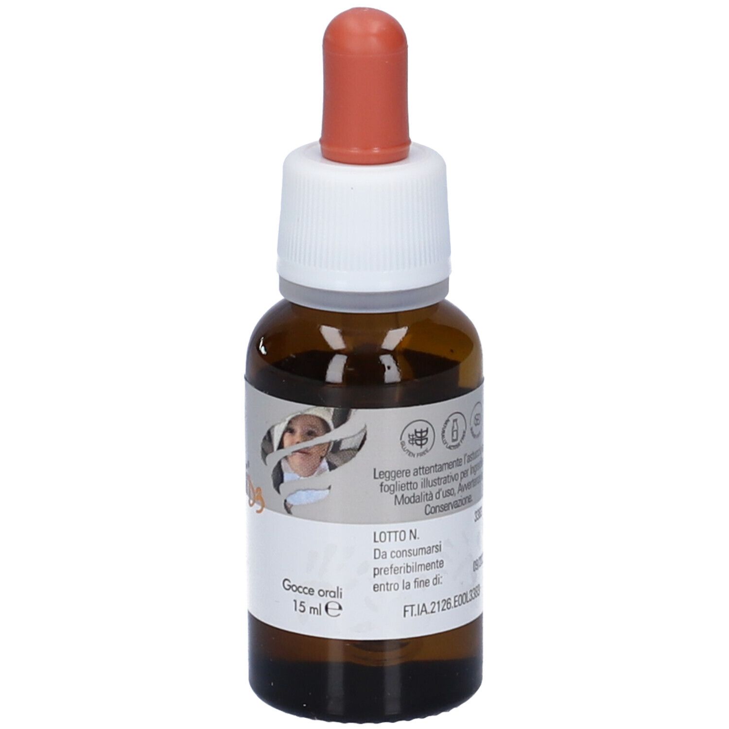 Flacone di vetro marrone con contagocce. Scritta: abibi D3, Eberlife. Gocce orali 15 ml.