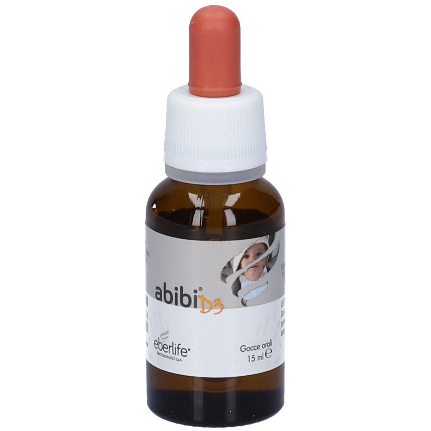 Flacone di vetro marrone con contagocce. Scritta: abibi D3, Eberlife. Gocce orali 15 ml.
