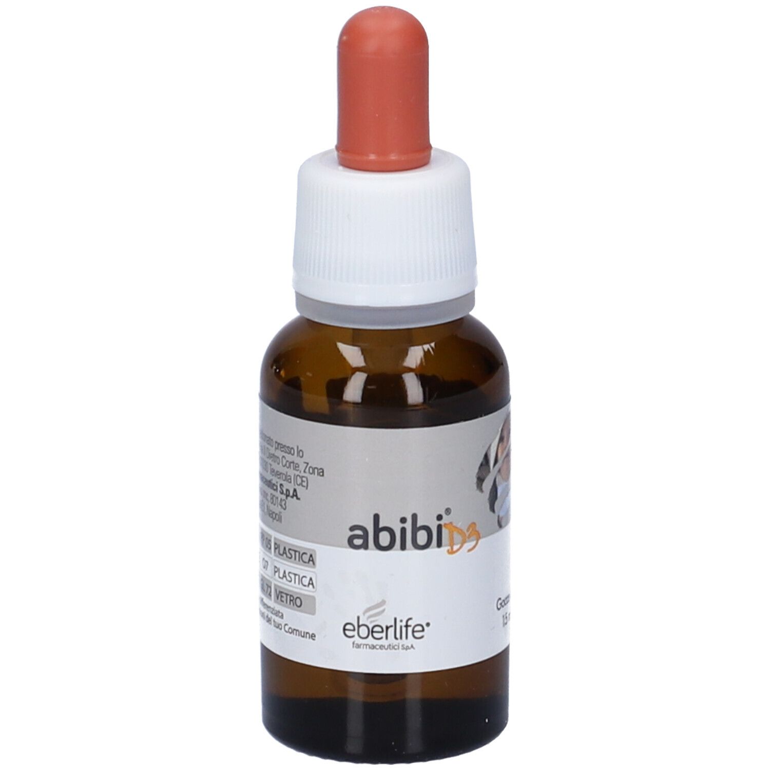 Flacone di vetro marrone con contagocce. Scritta: abibi D3, Eberlife. Gocce orali 15 ml.