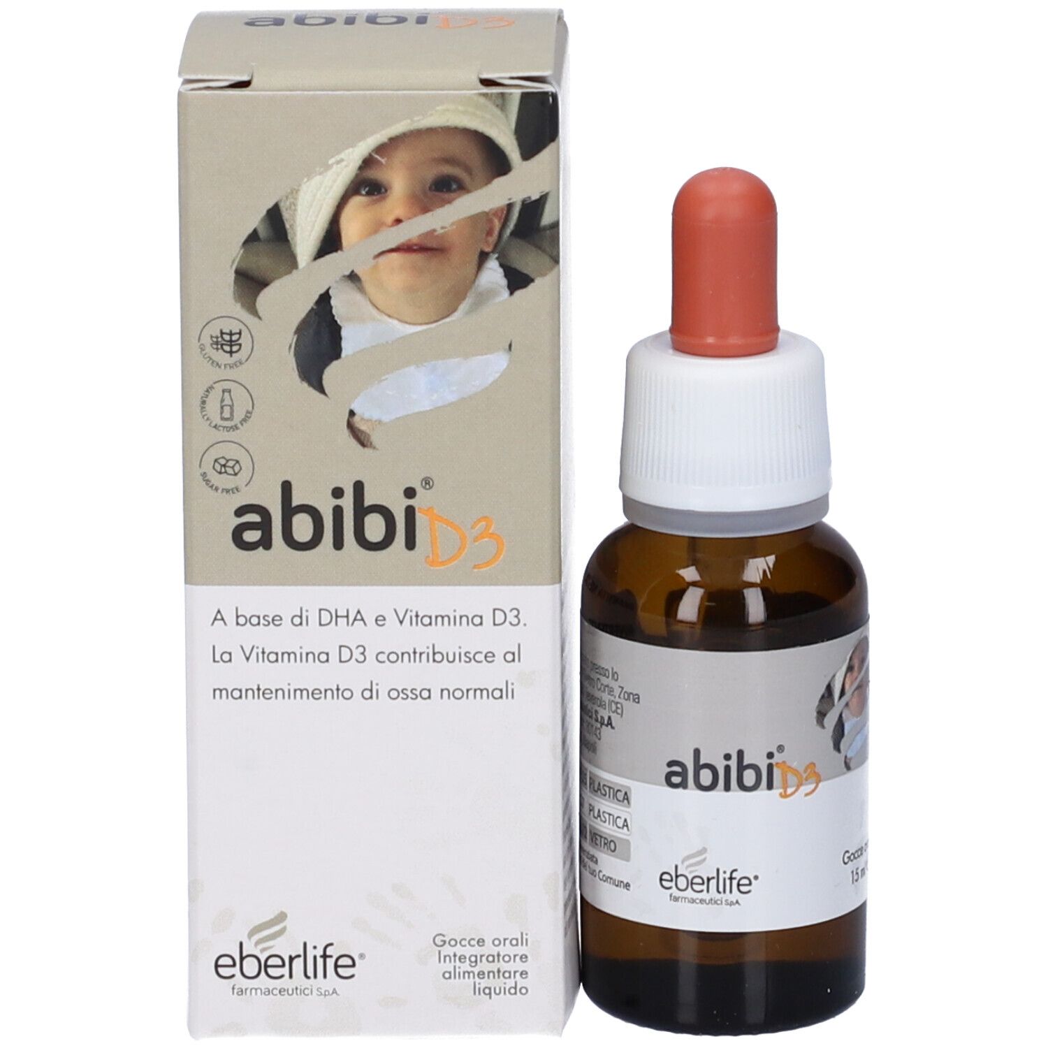 Prodotto e confezione. Scritta: abibi D3, Eberlife. Gocce, 15 ml. Scatola con foto di bambino.