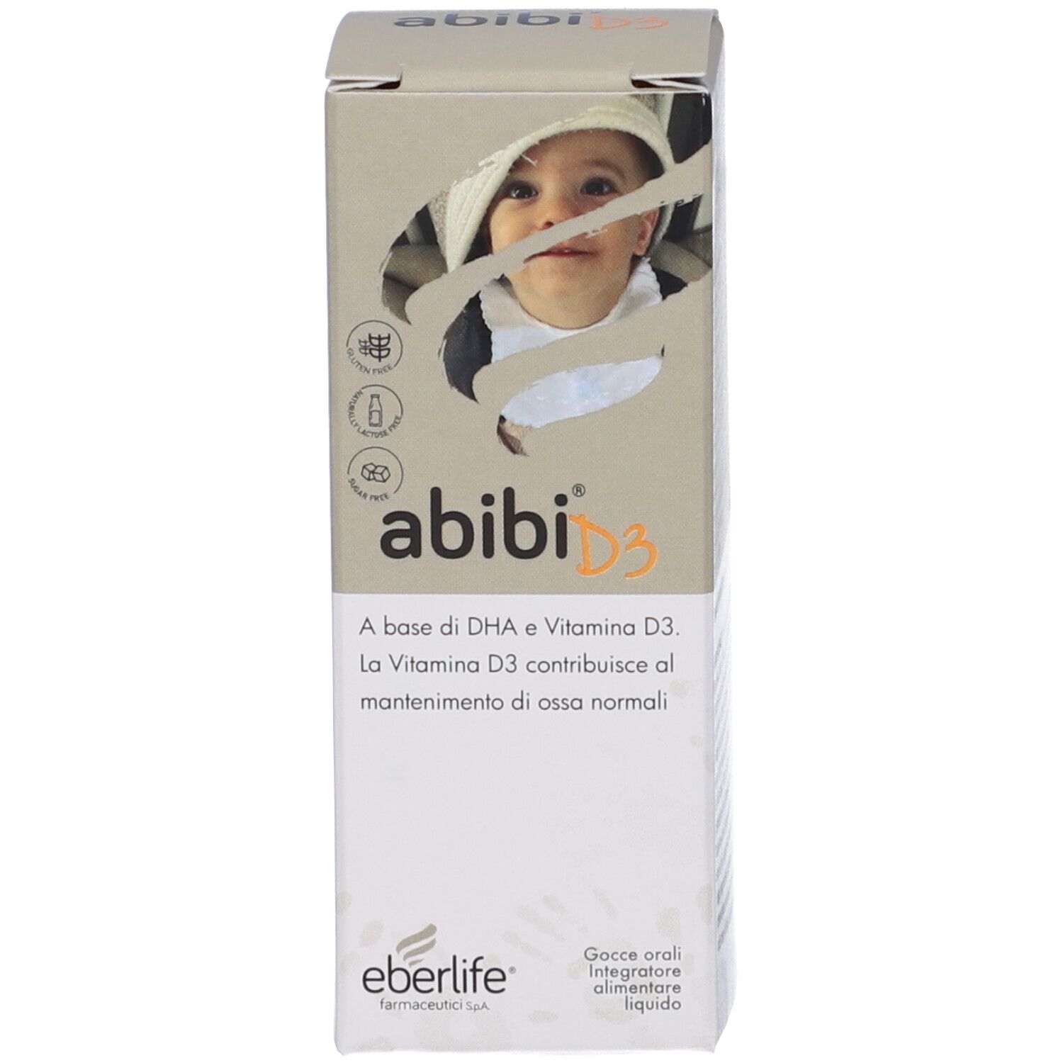 Prodotto e confezione. Scritta: abibi D3, Eberlife. Scatola con foto di bambino.
