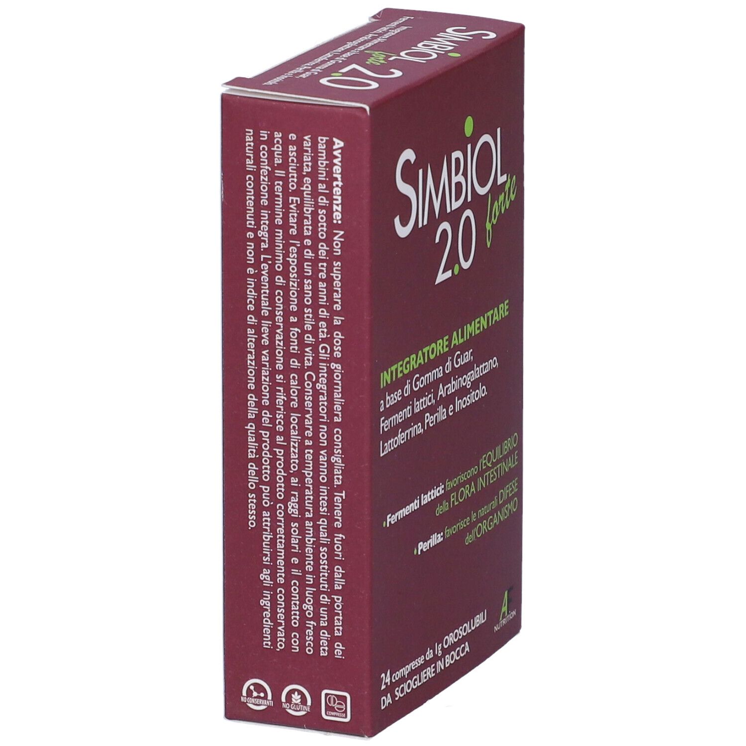 Scatola rossa Simbiol 2.0 forte. Testo: Integratore alimentare. Avvertenze. Logo AF Nutrition. 24 compresse.