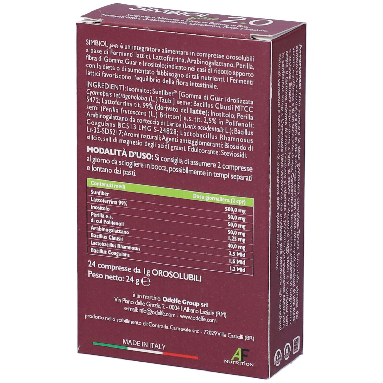 Scatola rossa Simbiol 2.0 forte. Testo: Ingredienti, modalità d'uso. 24 compresse. Peso: 24g. Made in Italy.