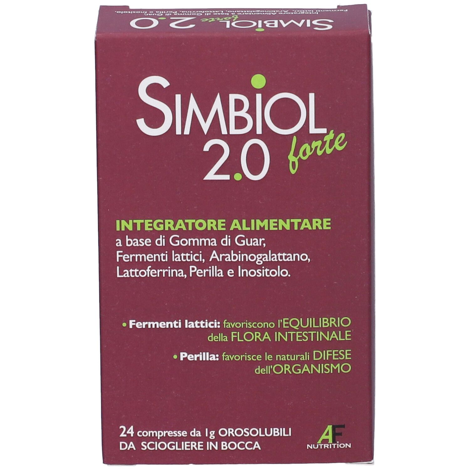 Scatola rossa Simbiol 2.0 forte. Contiene 24 compresse. Testo: Integratore alimentare. Logo AF Nutrition.