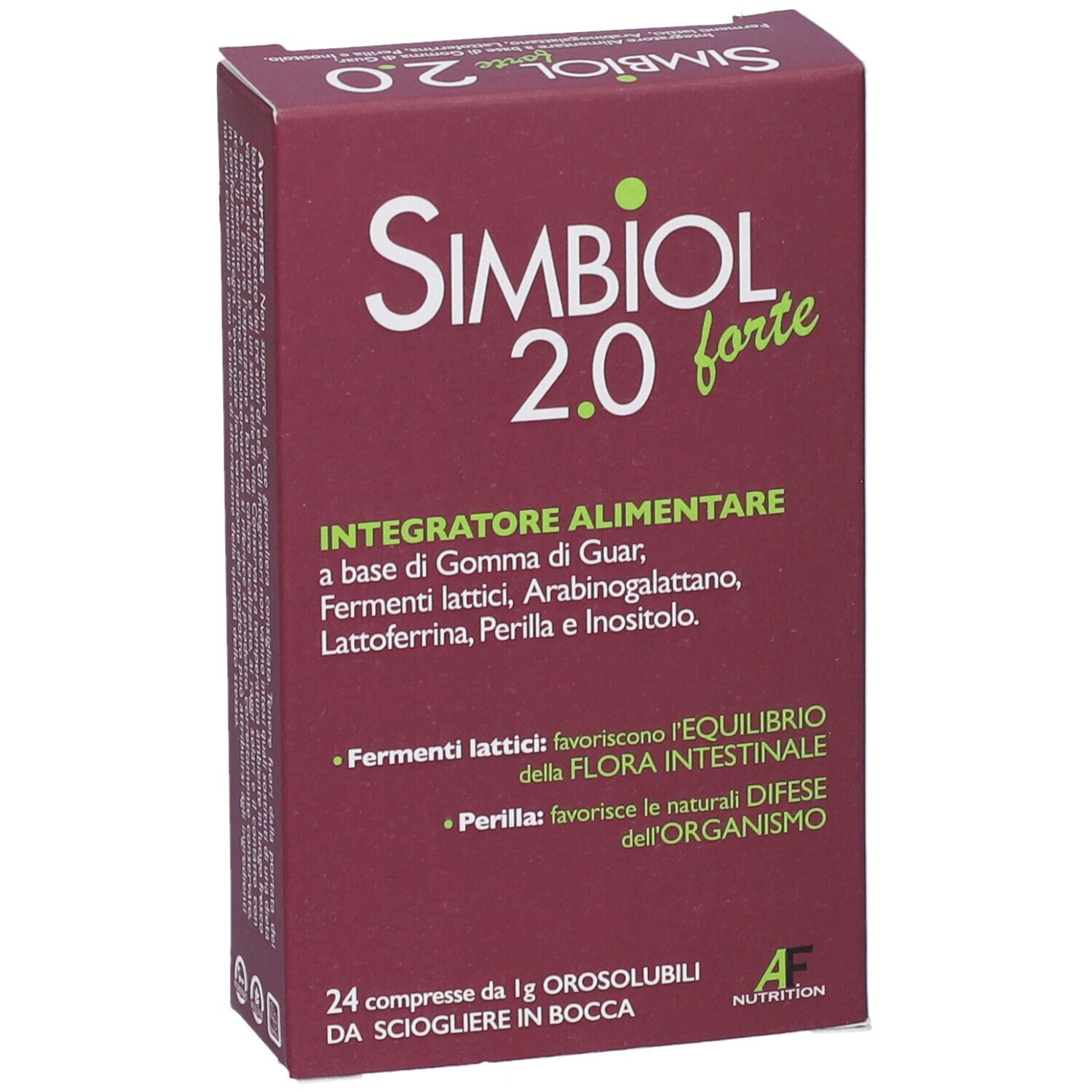 Scatola rossa Simbiol 2.0 forte. Contiene 24 compresse. Testo: Integratore alimentare. Logo AF Nutrition.