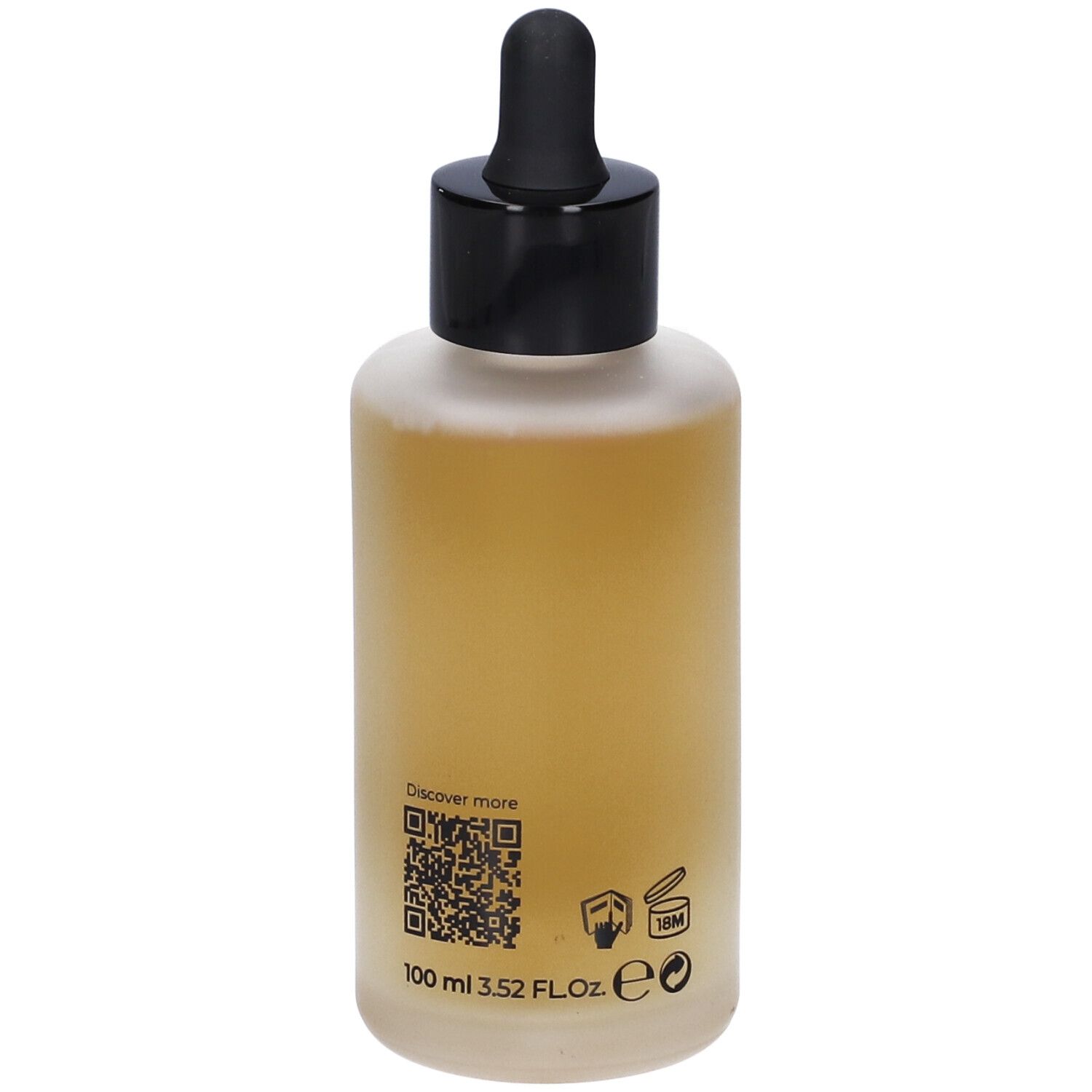 Retro di un flacone di siero. Scritta: 100 ml 3.52 FL.OZ. Codice QR e simboli.