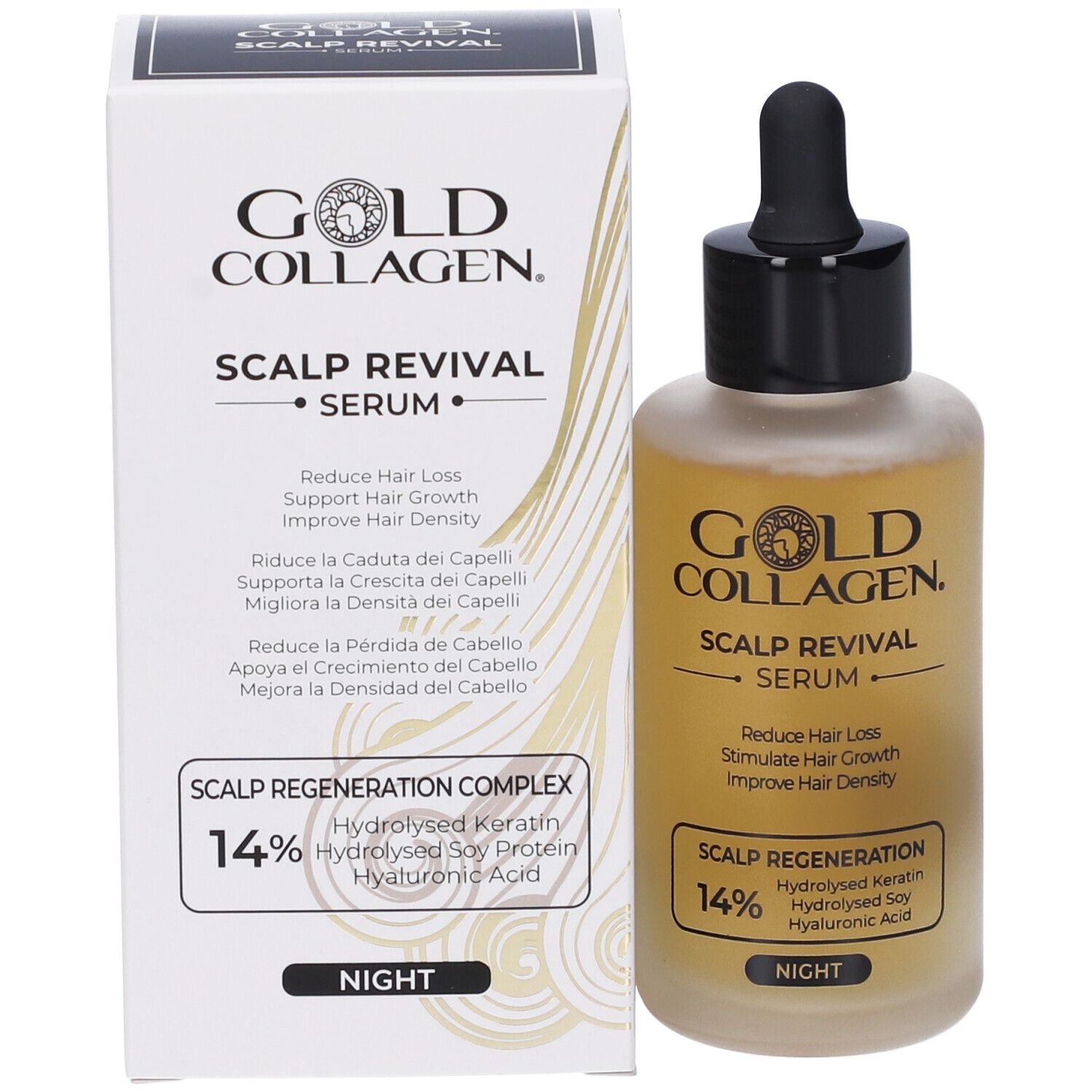 Flacone di siero e scatola. Scritta: GOLD COLLAGEN. SCALP REVIVAL SERUM. Riduce la caduta dei capelli. Con pipetta.