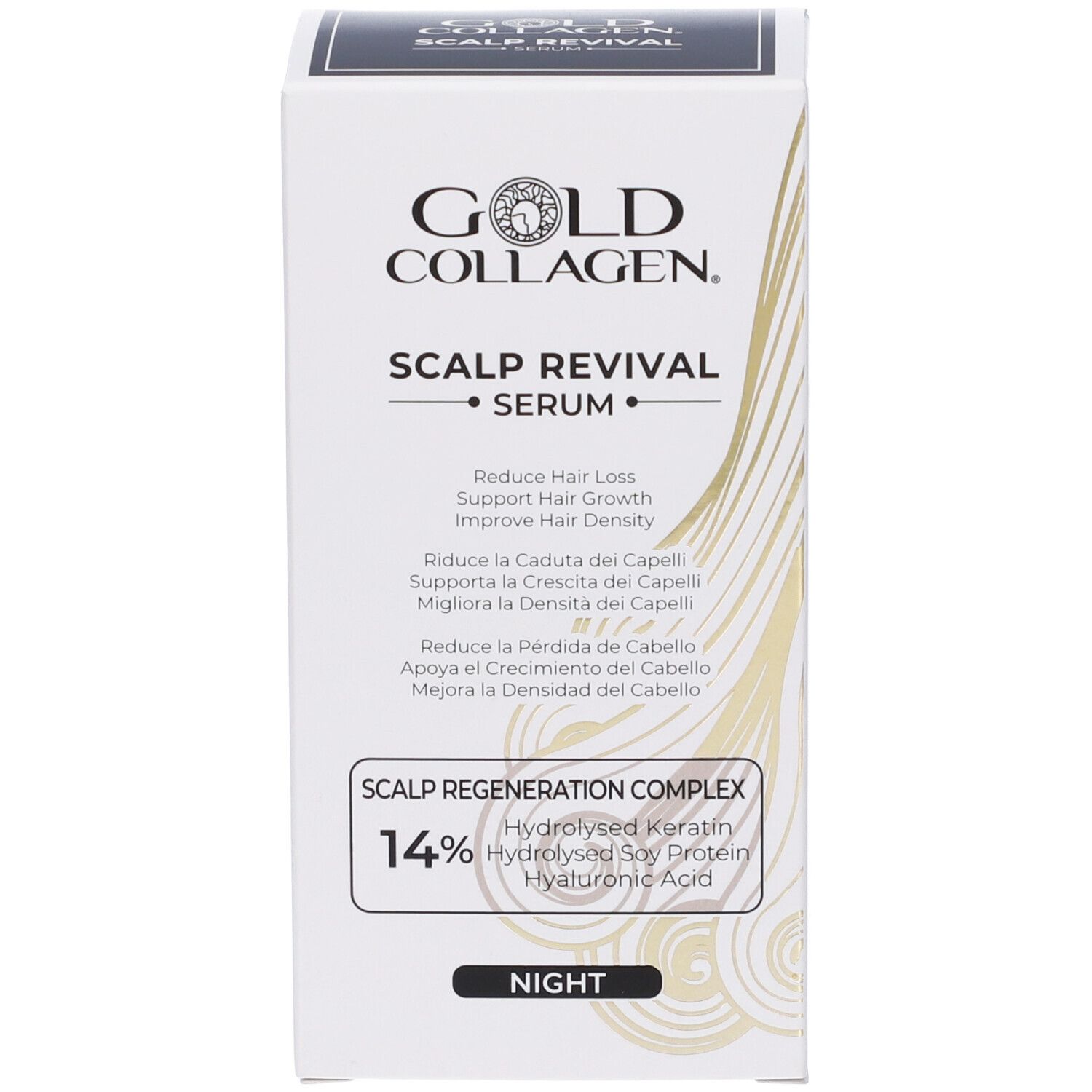 Scatola bianca con scritta: GOLD COLLAGEN. SCALP REVIVAL SERUM. Riduce la caduta dei capelli.