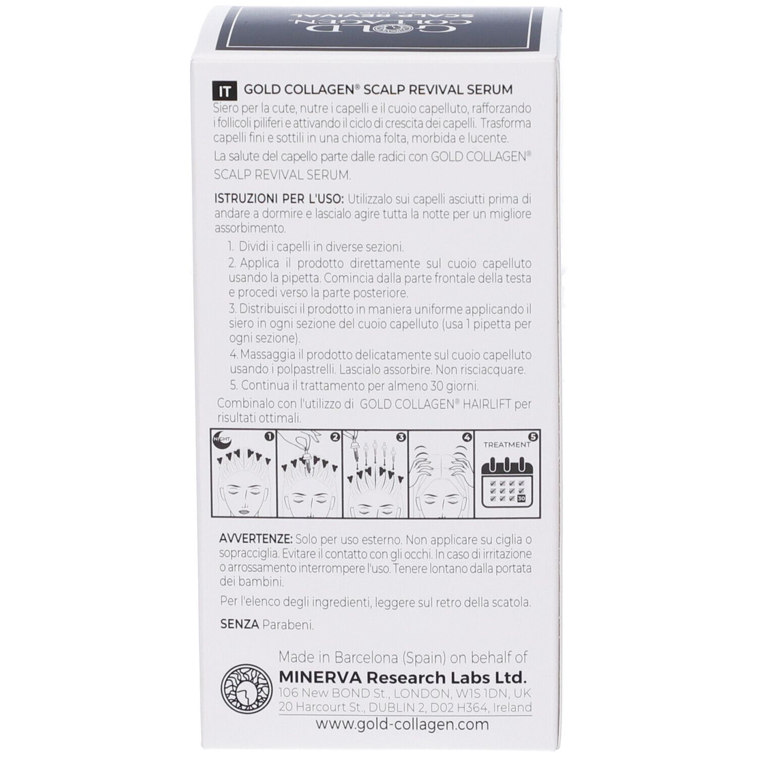 Retro della scatola. Testo in italiano: GOLD COLLAGEN SCALP REVIVAL SERUM. Istruzioni per l'uso, ingredienti.