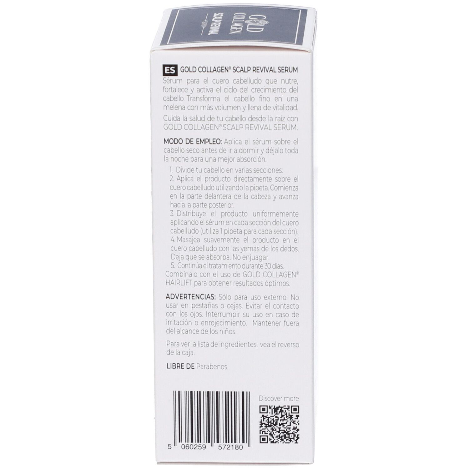 Retro della scatola. Testo in spagnolo: GOLD COLLAGEN SCALP REVIVAL SERUM. Istruzioni per l'uso, ingredienti.
