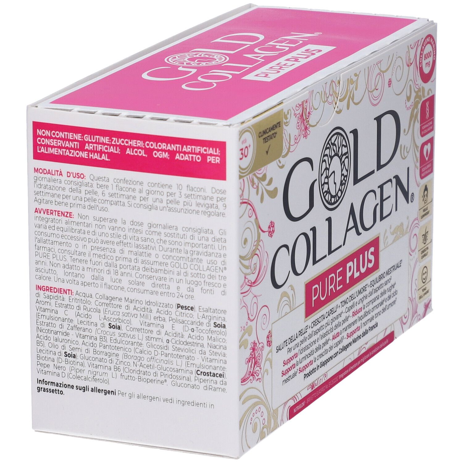 Confezione Gold Collagen Pure Plus. Retro con ingredienti e informazioni. Scatola bianca e rosa.