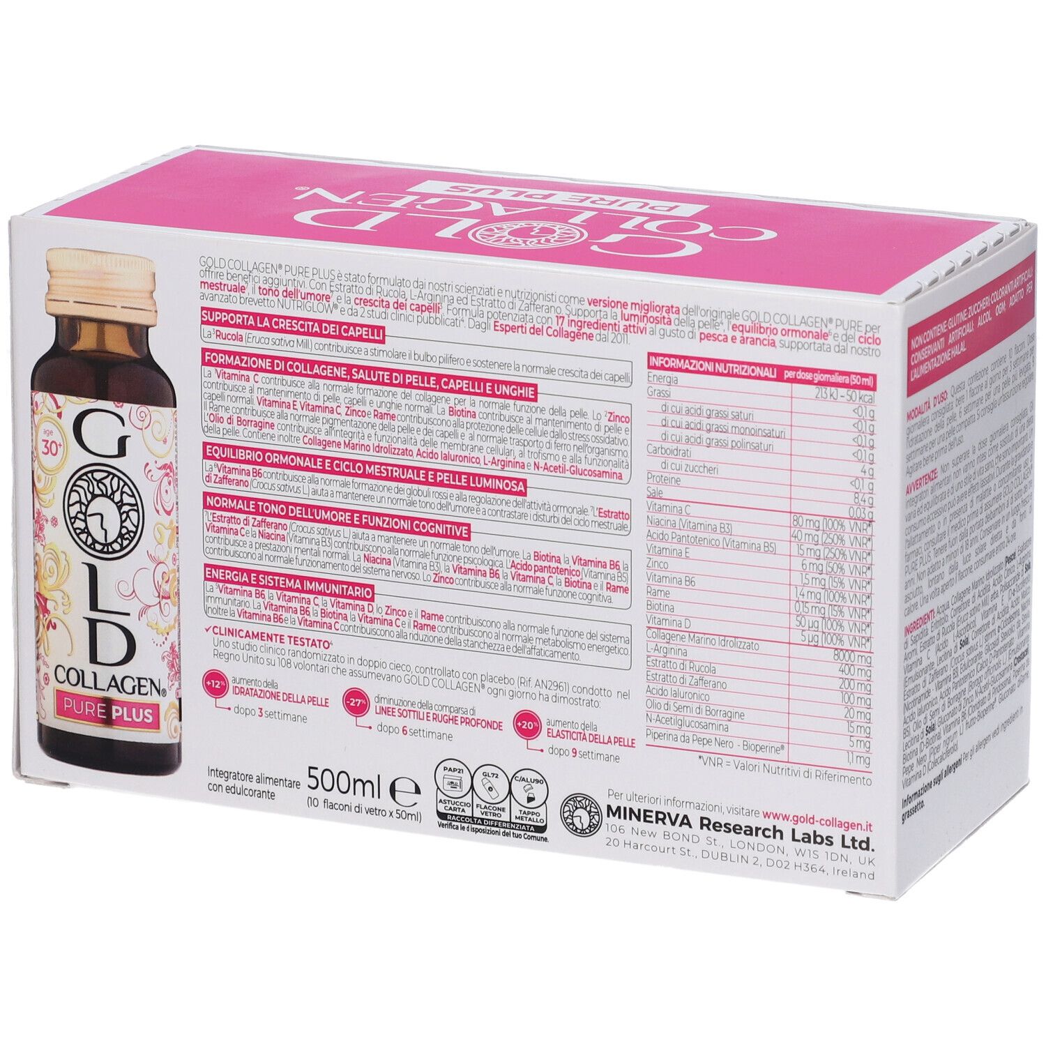 Confezione Gold Collagen Pure Plus. Retro con informazioni nutrizionali e immagine flacone. Scatola bianca e rosa.