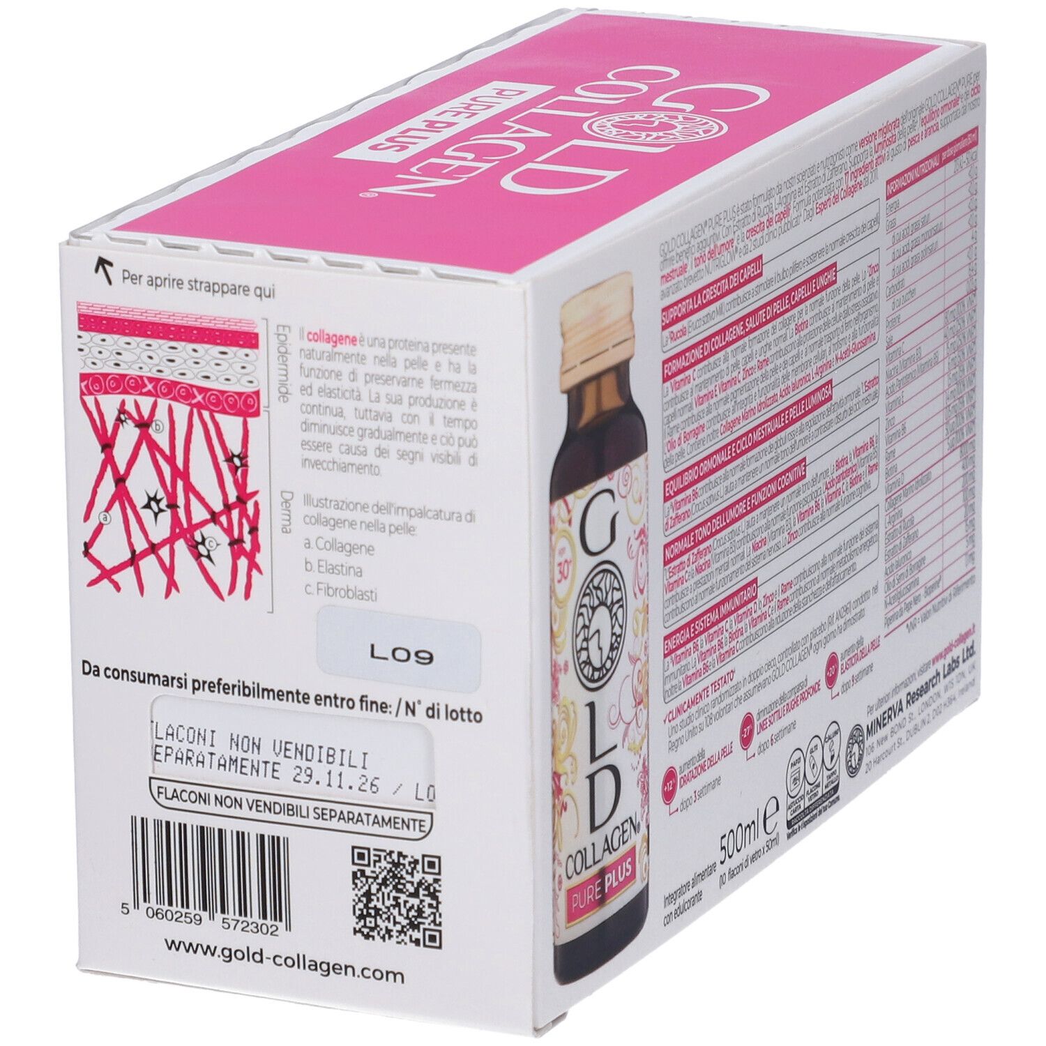 Confezione Gold Collagen Pure Plus. Lato con immagine flacone e informazioni. Scatola bianca e rosa.
