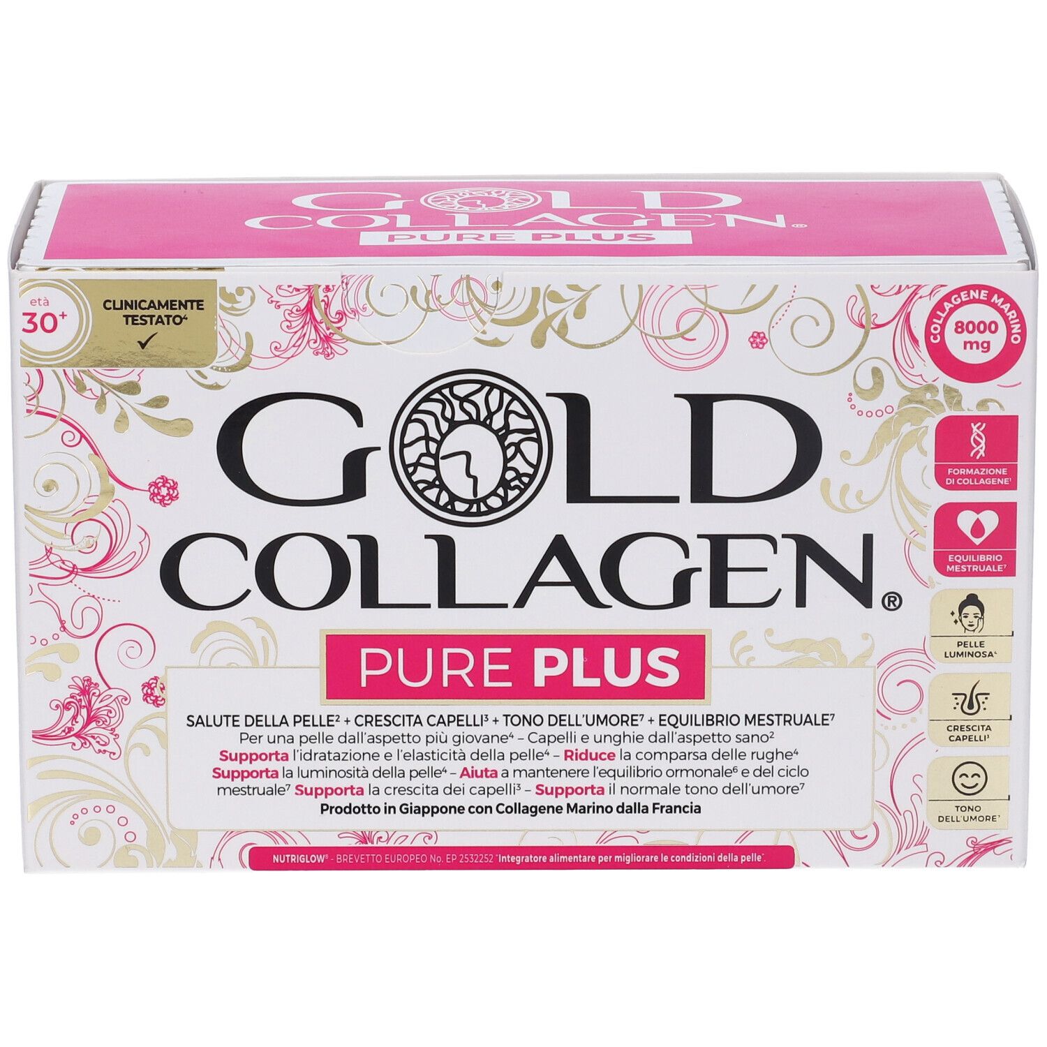 Confezione Gold Collagen Pure Plus. Fronte con nome e loghi del prodotto. Scatola bianca e rosa.