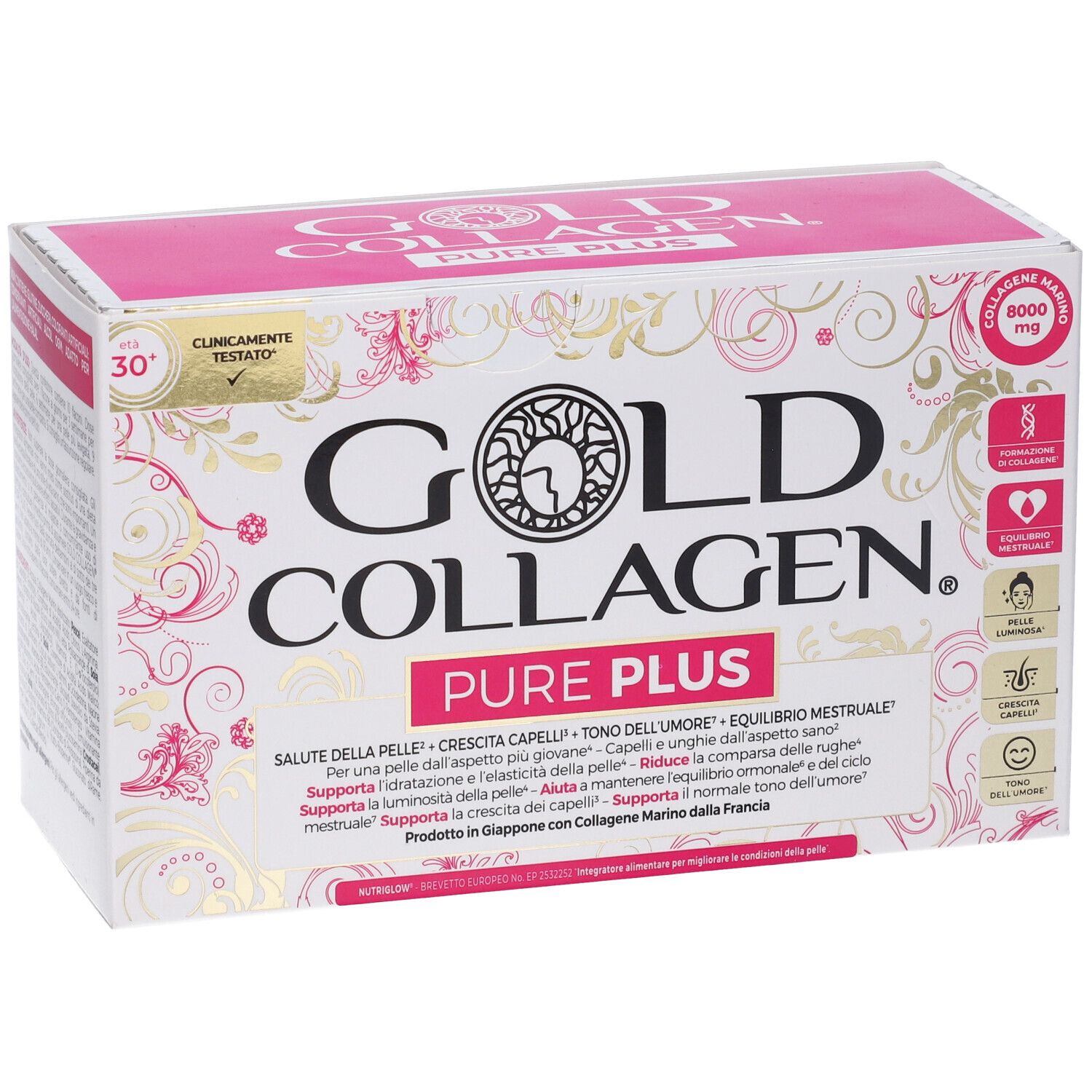 Confezione Gold Collagen Pure Plus. Fronte con nome e loghi del prodotto. Scatola bianca e rosa.