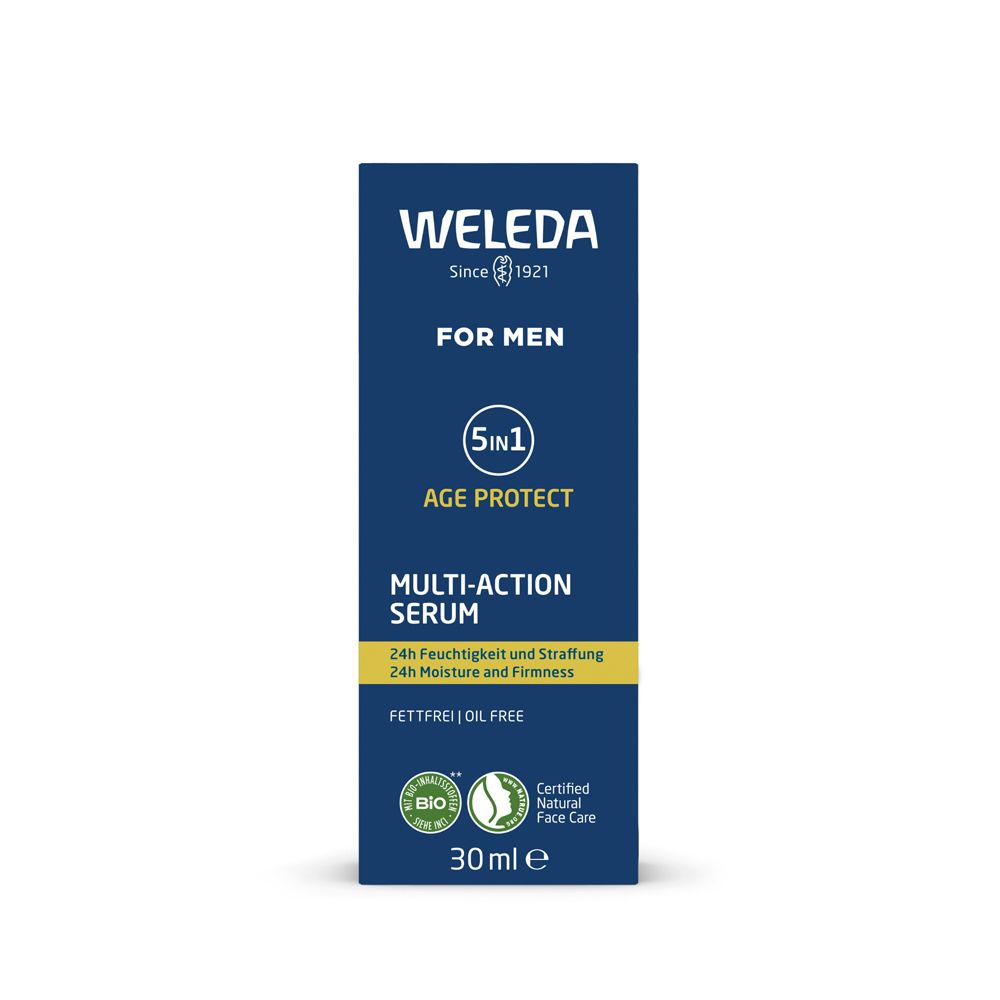 Confezione blu con scritta: WELEDA, FOR MEN, 5in1 AGE PROTECT, MULTI-ACTION SERUM. Con marchio bio e 30 ml.