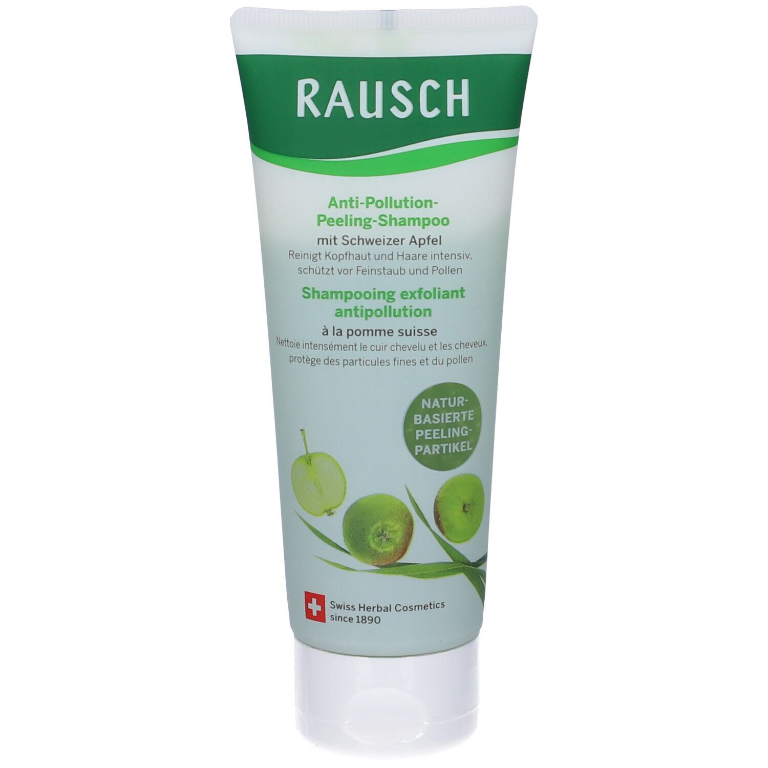 Tubo verde RAUSCH con scritta. Shampoo esfoliante anti-inquinamento alla mela svizzera. Cosmetici erboristici svizzeri dal 1900.