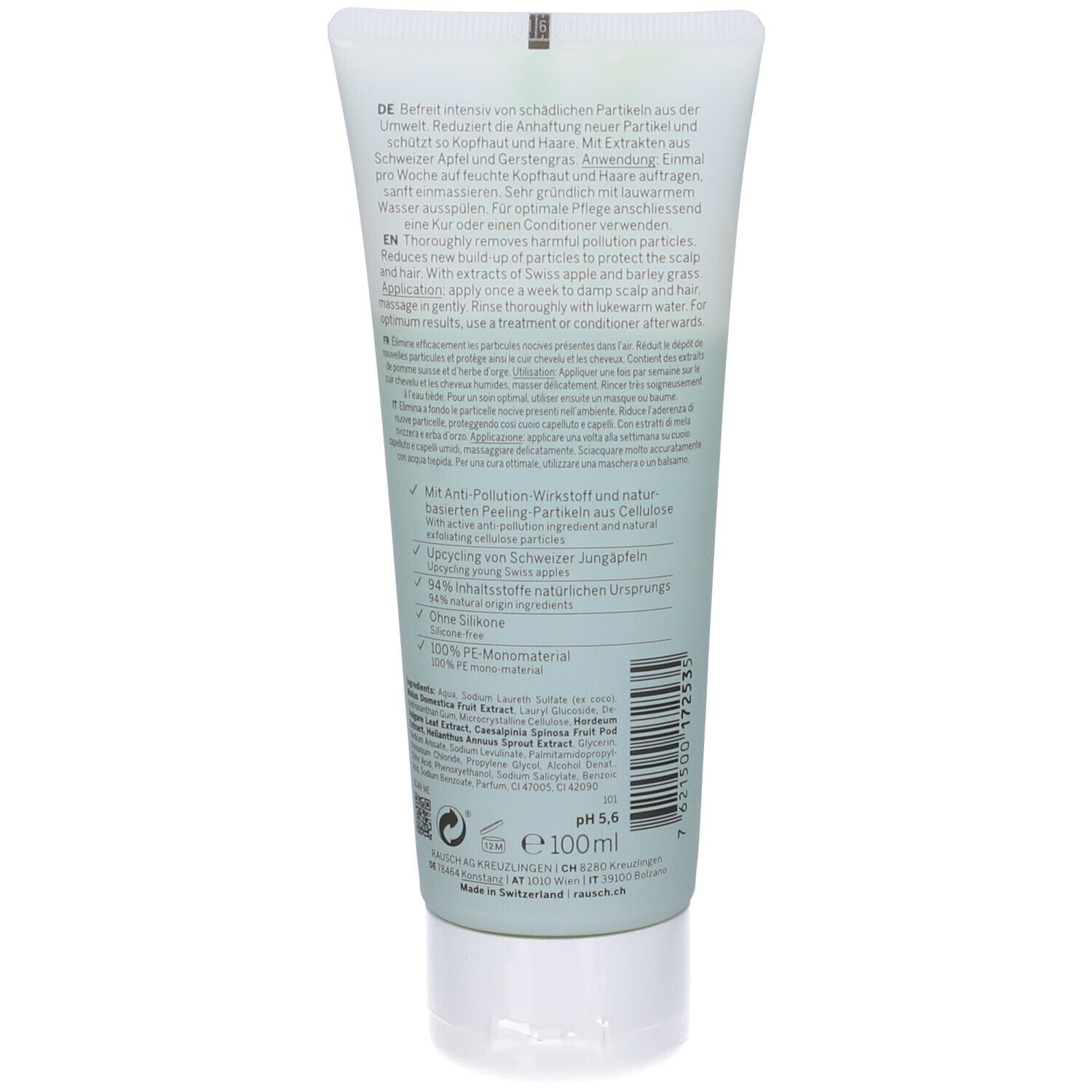 Retro del tubo. Testo in tedesco e inglese. pH 5.6. Ingredienti e informazioni di produzione. 100ml.