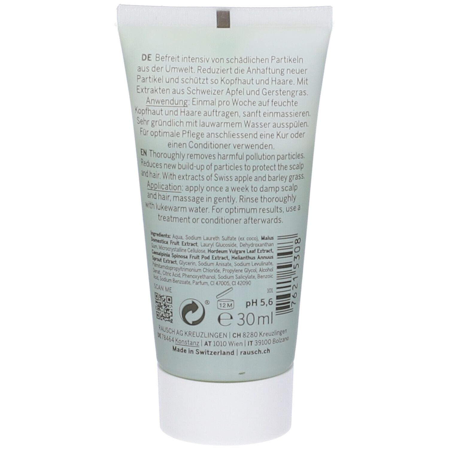 Retro del tubo. Testo in tedesco e inglese. Ingredienti, codice QR, pH 5,6. Volume: 30 ml. Prodotto in Svizzera.