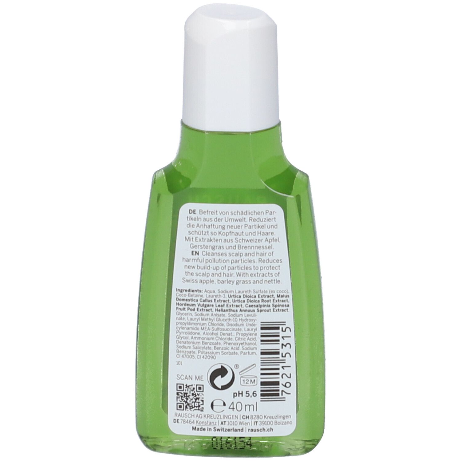 Retro del flacone verde. Etichetta con informazioni sul prodotto, ingredienti e codice QR.