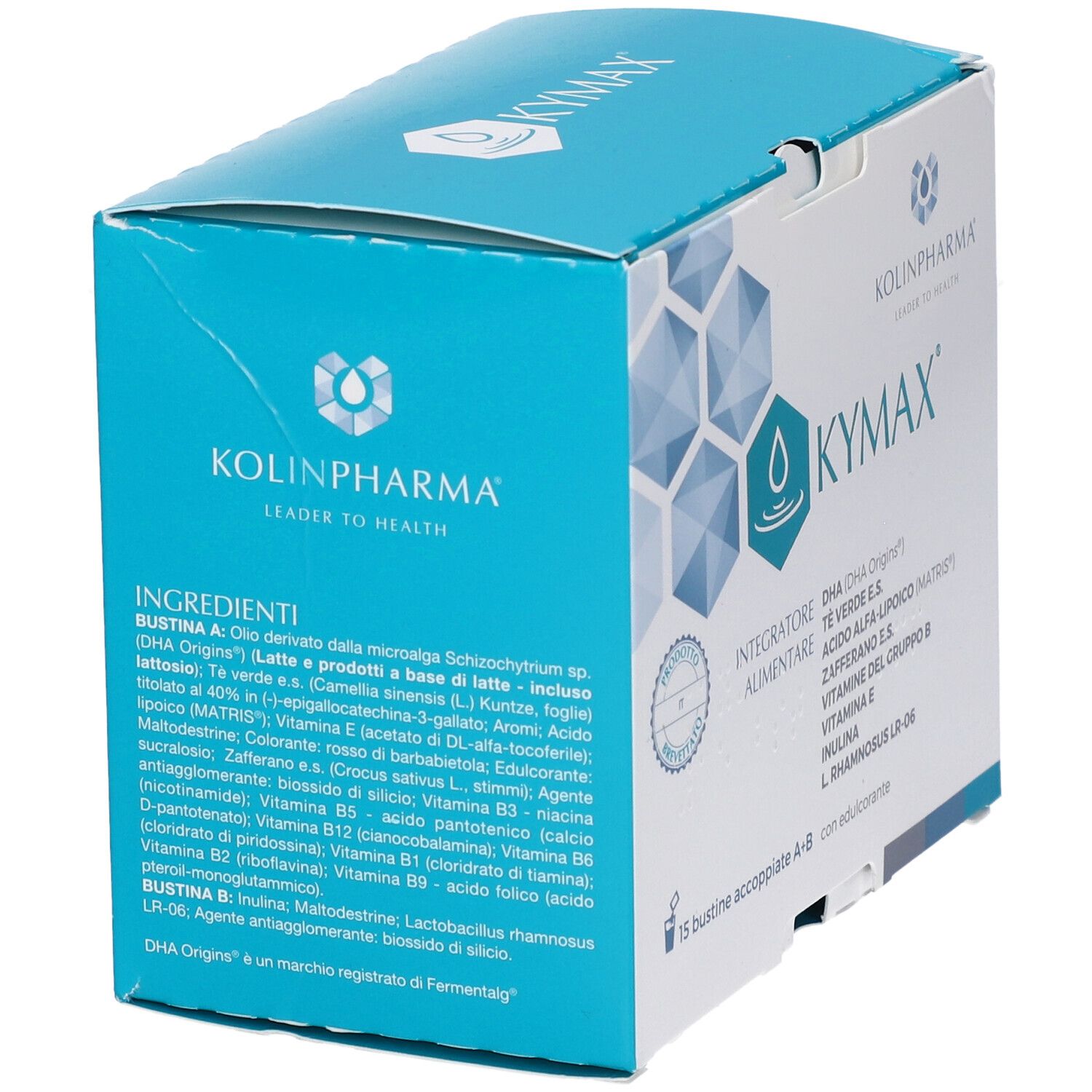 Scatola Kymax 15 Bustine. Retro della scatola con ingredienti e informazioni del produttore. Colori blu e bianco.