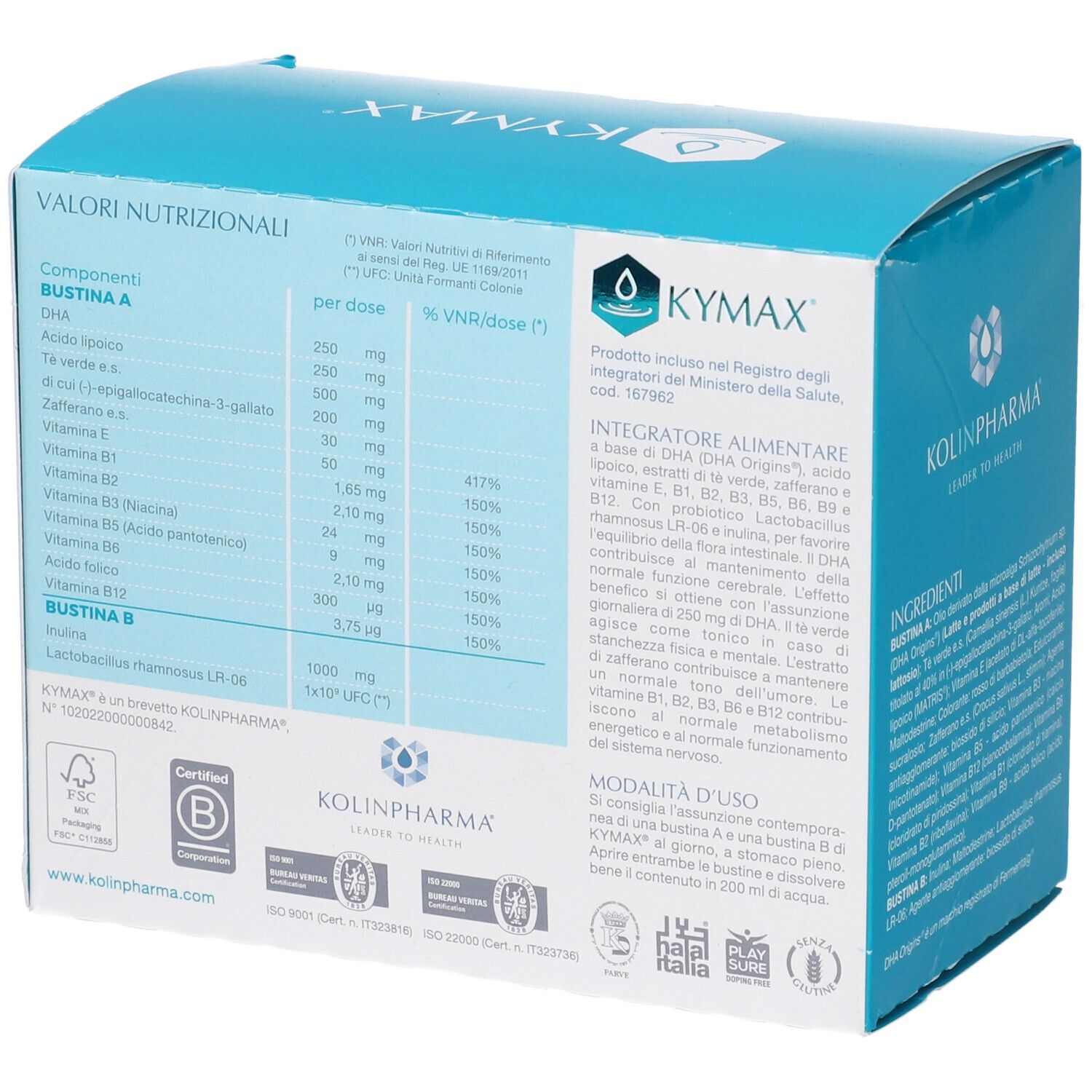 Scatola Kymax 15 Bustine. Retro con informazioni nutrizionali e del produttore. Colori blu e bianco.